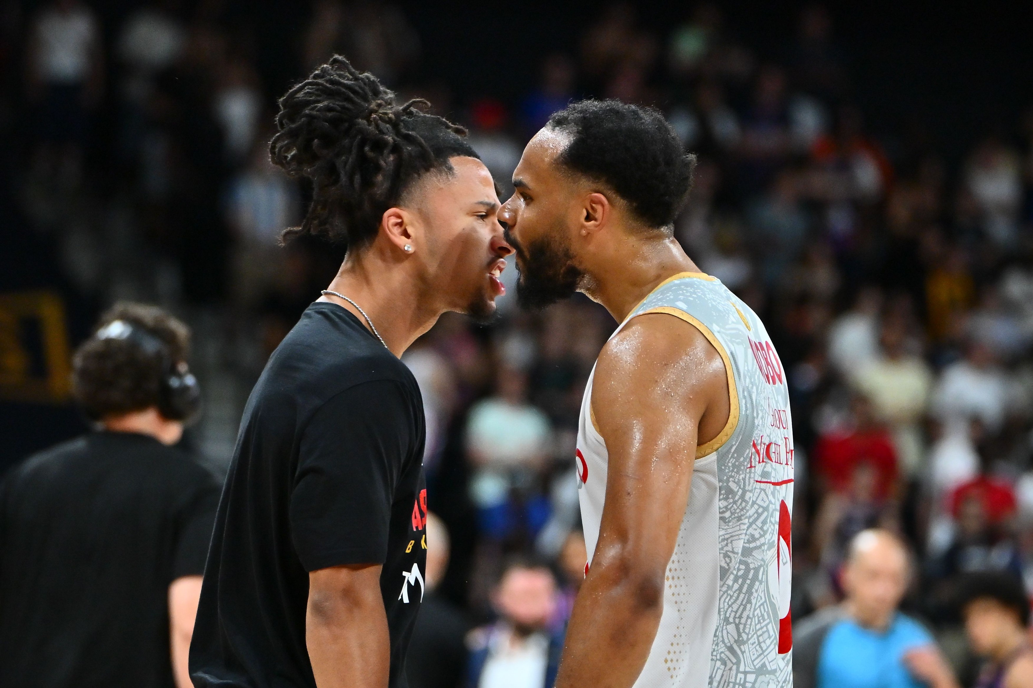 Matthew Strazel of Monaco celebrates with Elie Okobo of Monaco