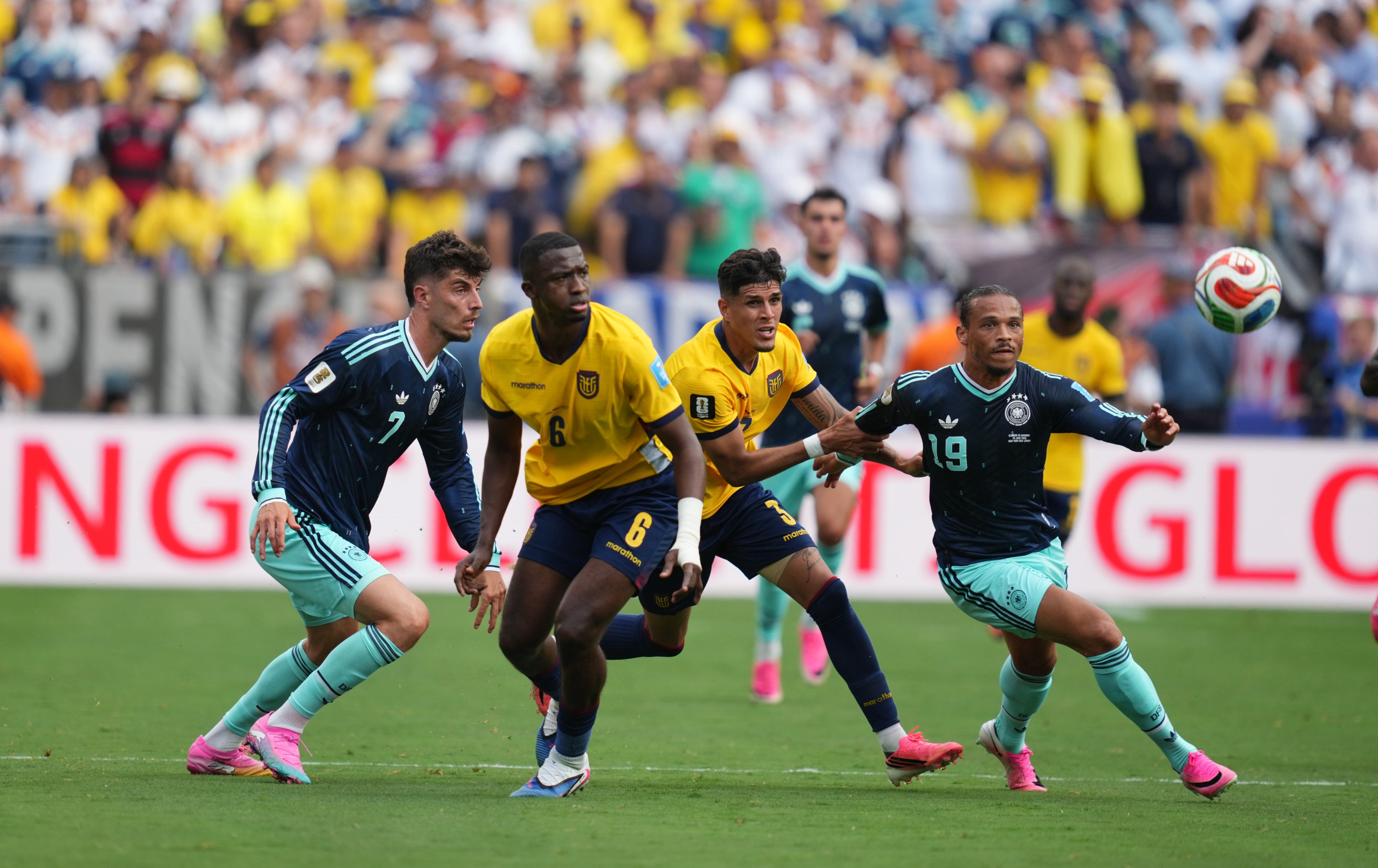 PIERO HINCAPIE from Ecuador and LEROY SANE from Germany battle for the ball
