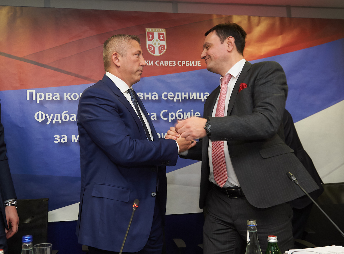 Fudbal Soccer Fudbalski Savez Srbije Vanredna Izborna Skupstina Slavisa Kokeza President of FSS and Jovan Surbatovic (R) Stara Pazova, 03.17.2019.