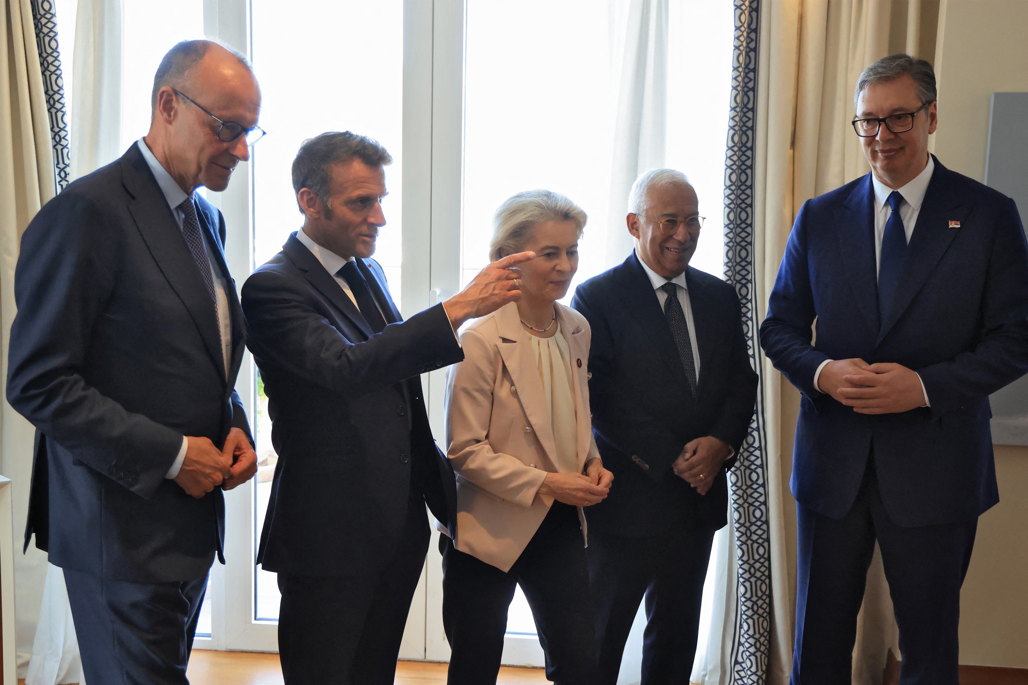 (LtoR) German Chancellor Friedrich Merz, French President Emmanuel Macron, European Commission President Ursula von der Leyen, European Council President Antonio Costa and Serbian President Aleksandar Vucic