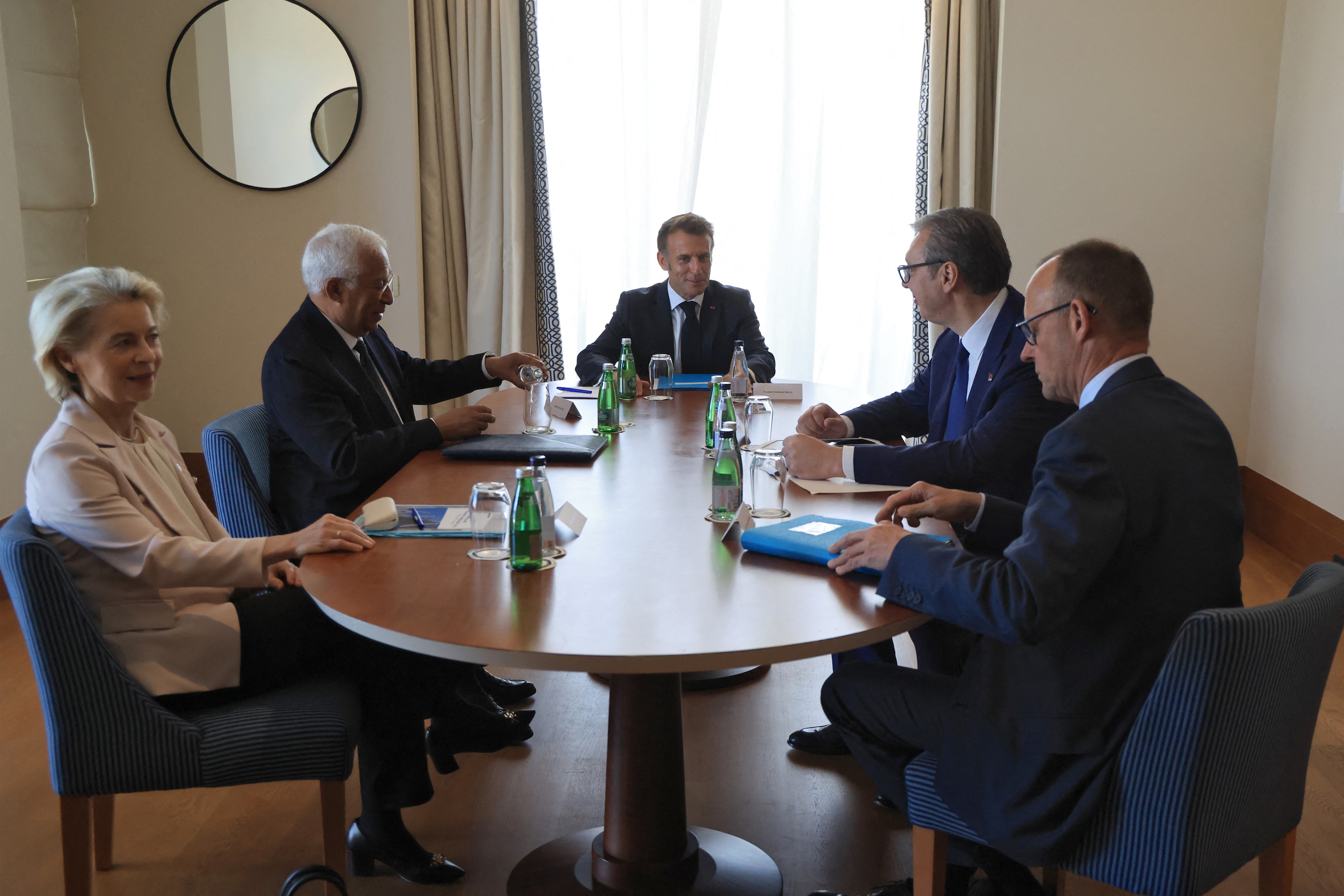 Ursula von der Leyen, European Council President Antonio Costa, French President Emmanuel Macron, Serbian President Aleksandar Vucic and German Chancellor Friedrich Merz EU-Western Balkans Summit at Porto Montenegro in Tivat