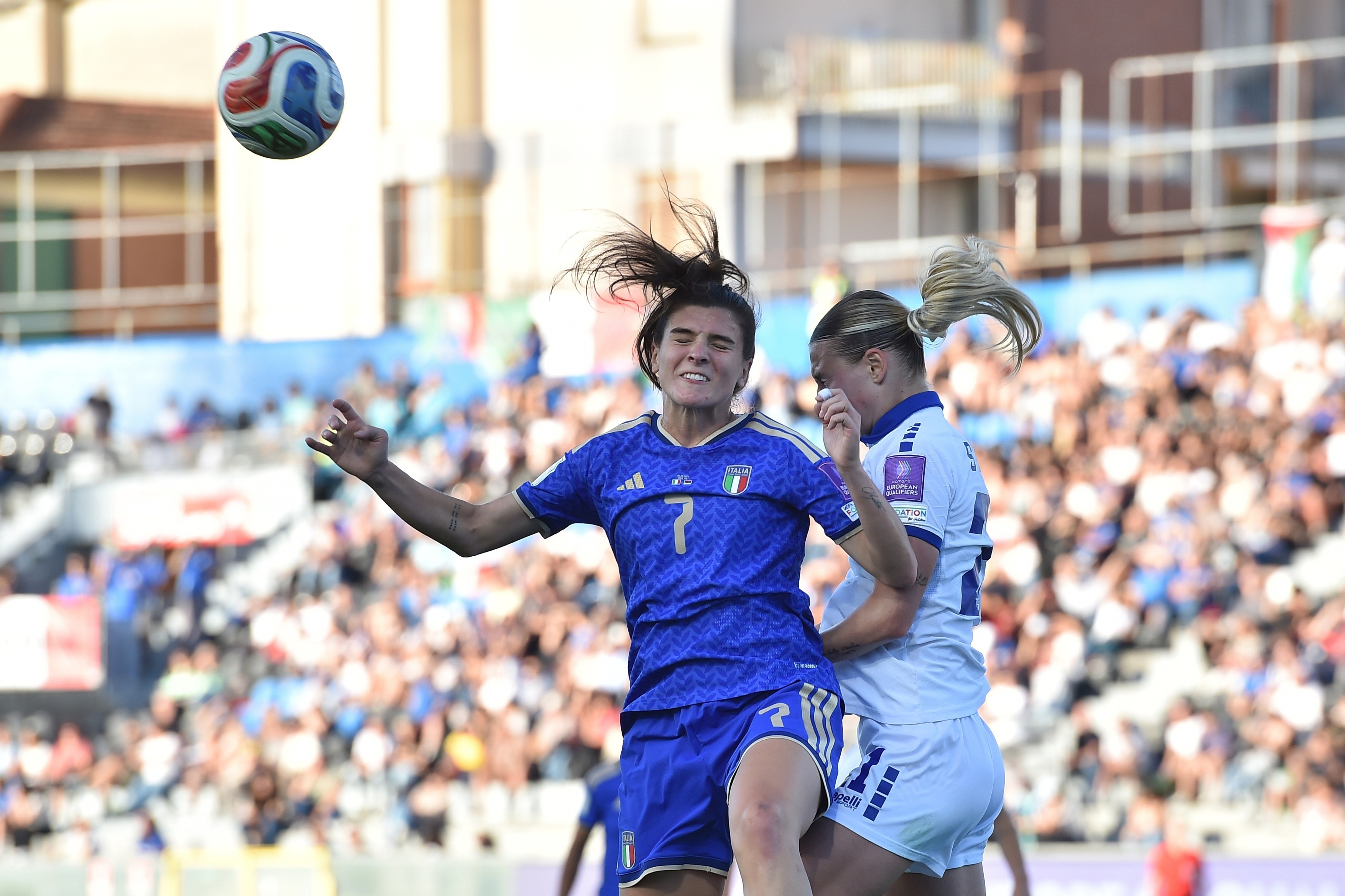 Sofia Cantore (Italy) and Zivana Stupar (Serbia) head tackle during Women's European Qualifiers 2027 - Italy vs Serbia, FIFA World Cup match in Pisa
