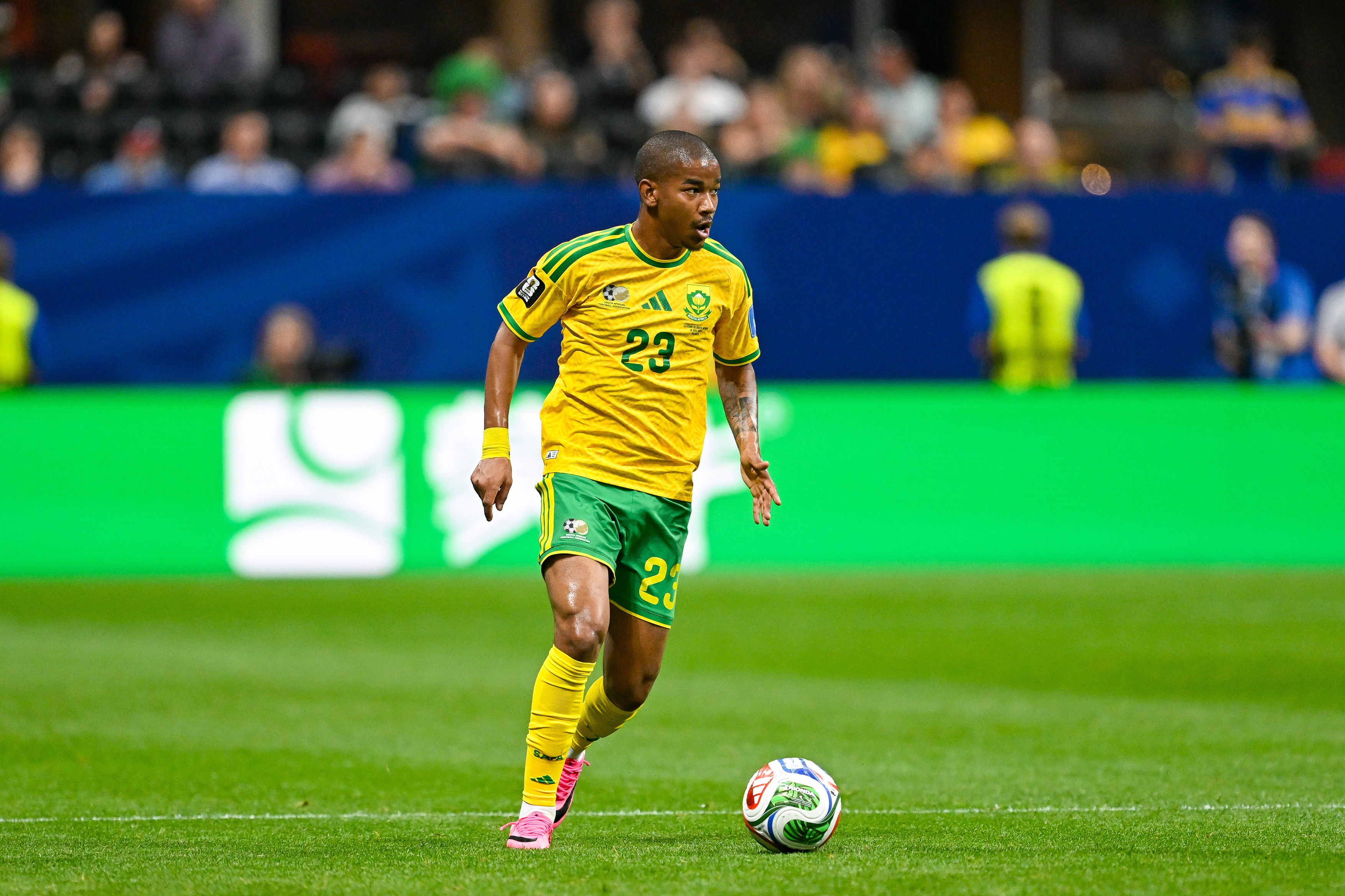 Jayden Adams #23 of South Africa looks to pass during the FIFA World Cup 2026