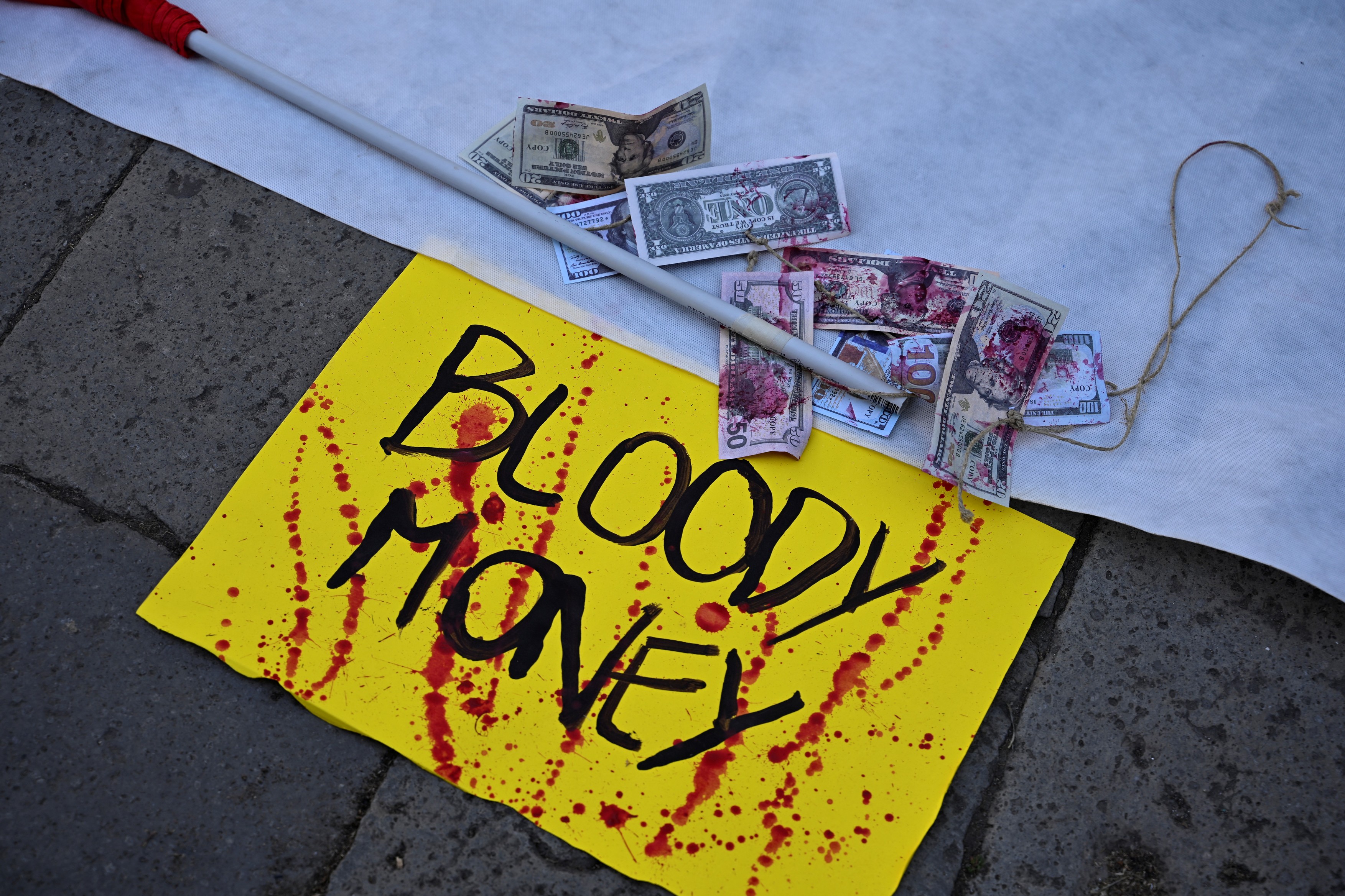 This photograph shows a placard reading "Bloody Money" stained with fake blood dis