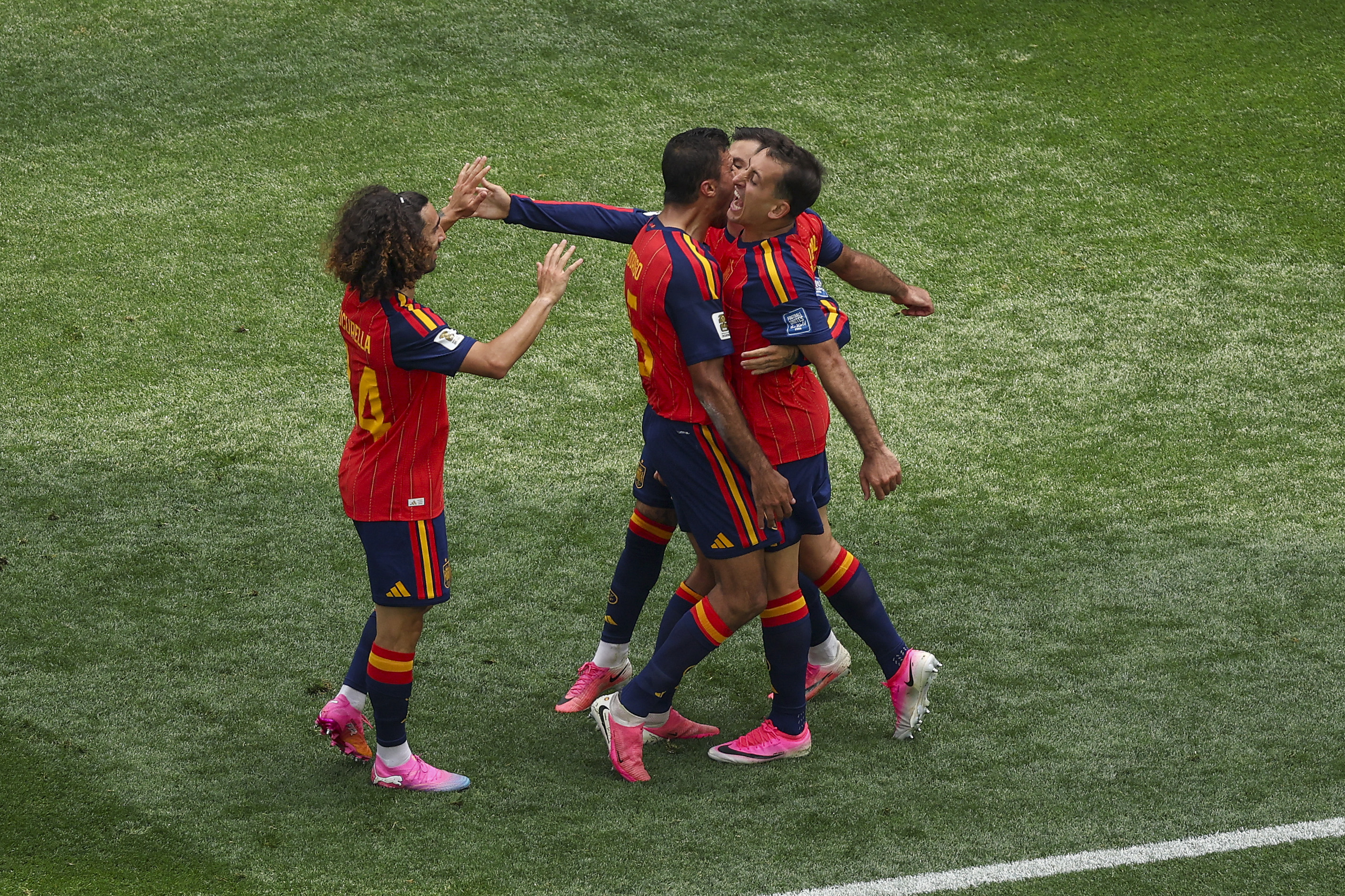 Mikel Oyarzabal #21 of Spain celebrates with teammates after scoring his team’s first goal during the FIFA World Cup 2026 Round of 32 match between Spain and Austria