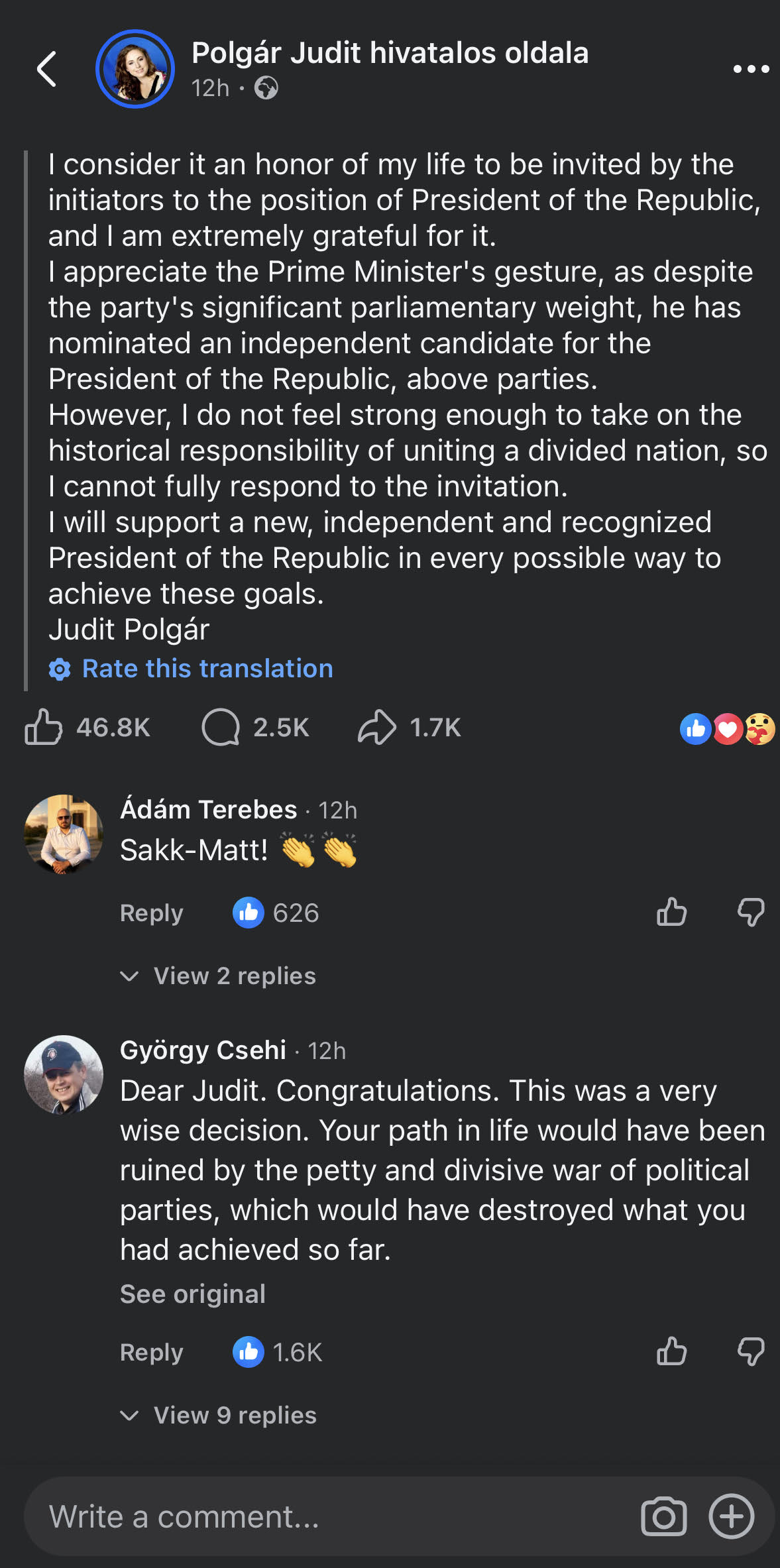 Judit Polgar odbila predlog Petera Mađara da bude predsednica Mađarske