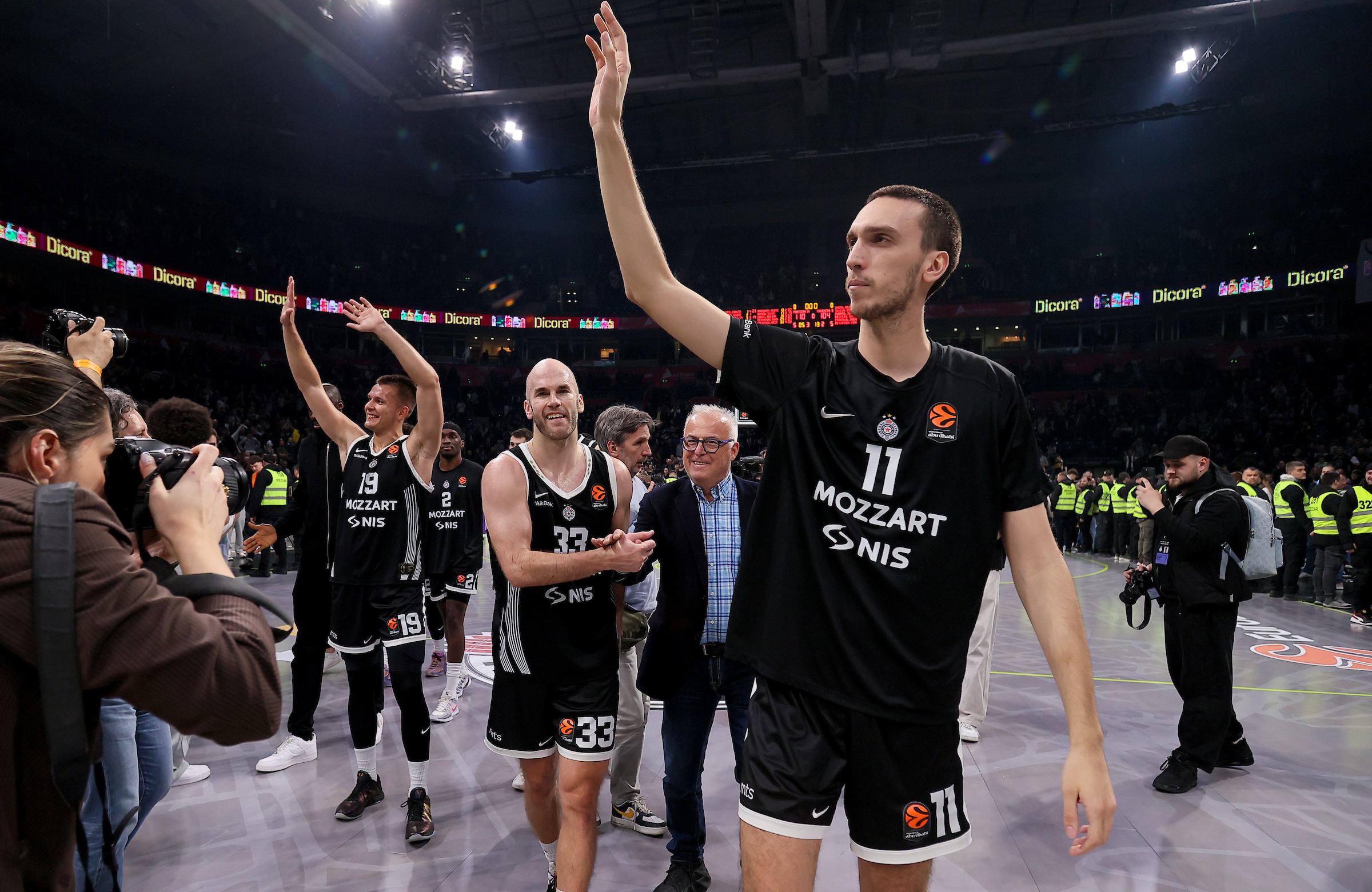 (L-R) Arijan Lakic of Partizan, Shake Milton of Partizan, Nick Calathes of Partiza