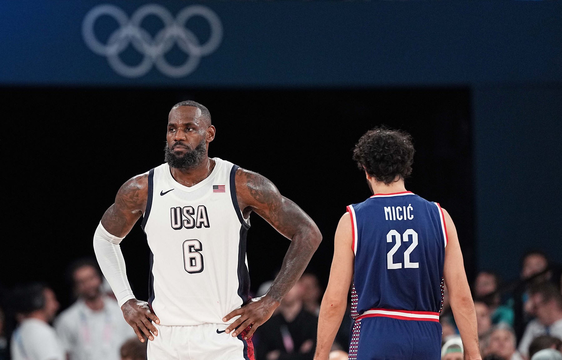 PARIS, Aug. 8, 2024  -- LeBron James (L) of the United States and Vasilije Micic
