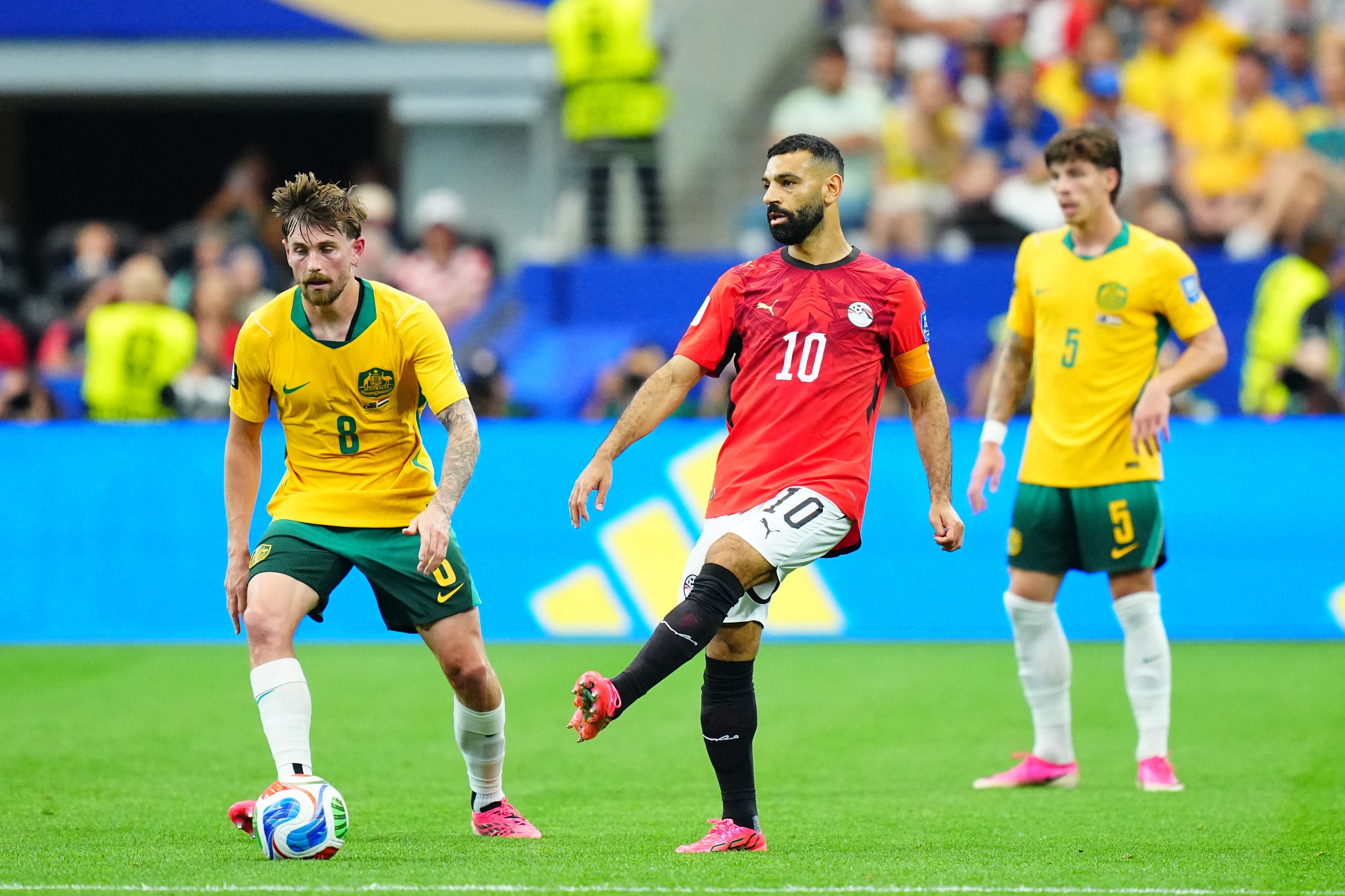 Mohamed Salah (10) of Egypt in action against Connor Metcalfe (8) of Australia