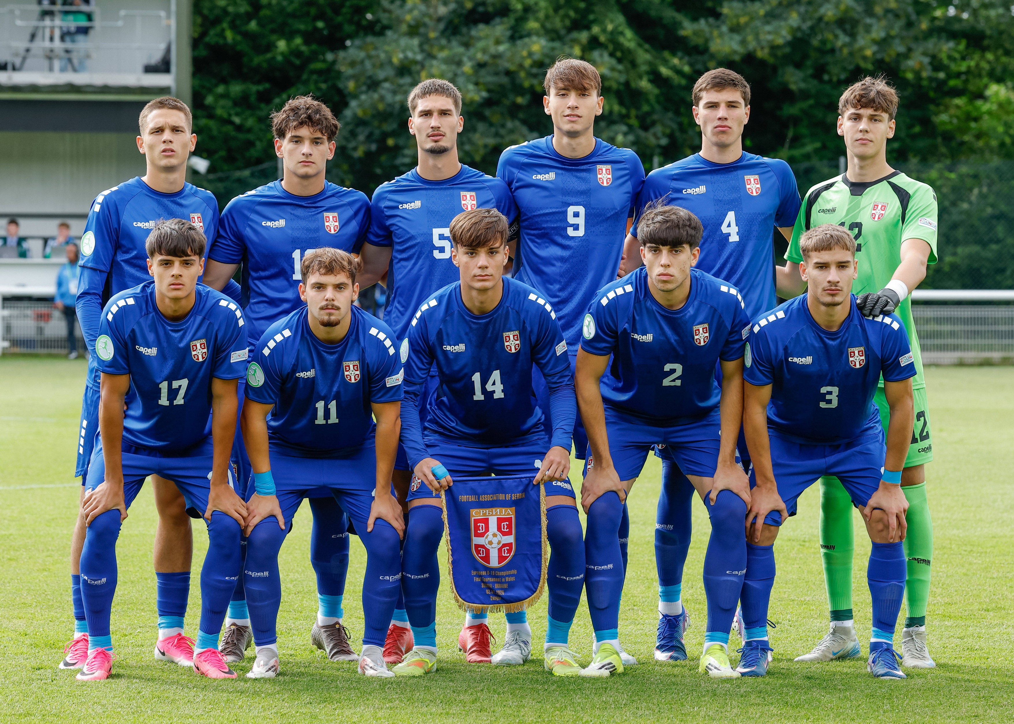 Players of Serbia pose for a team photograph ahead of the Serbia U19 vs Ukraine U19