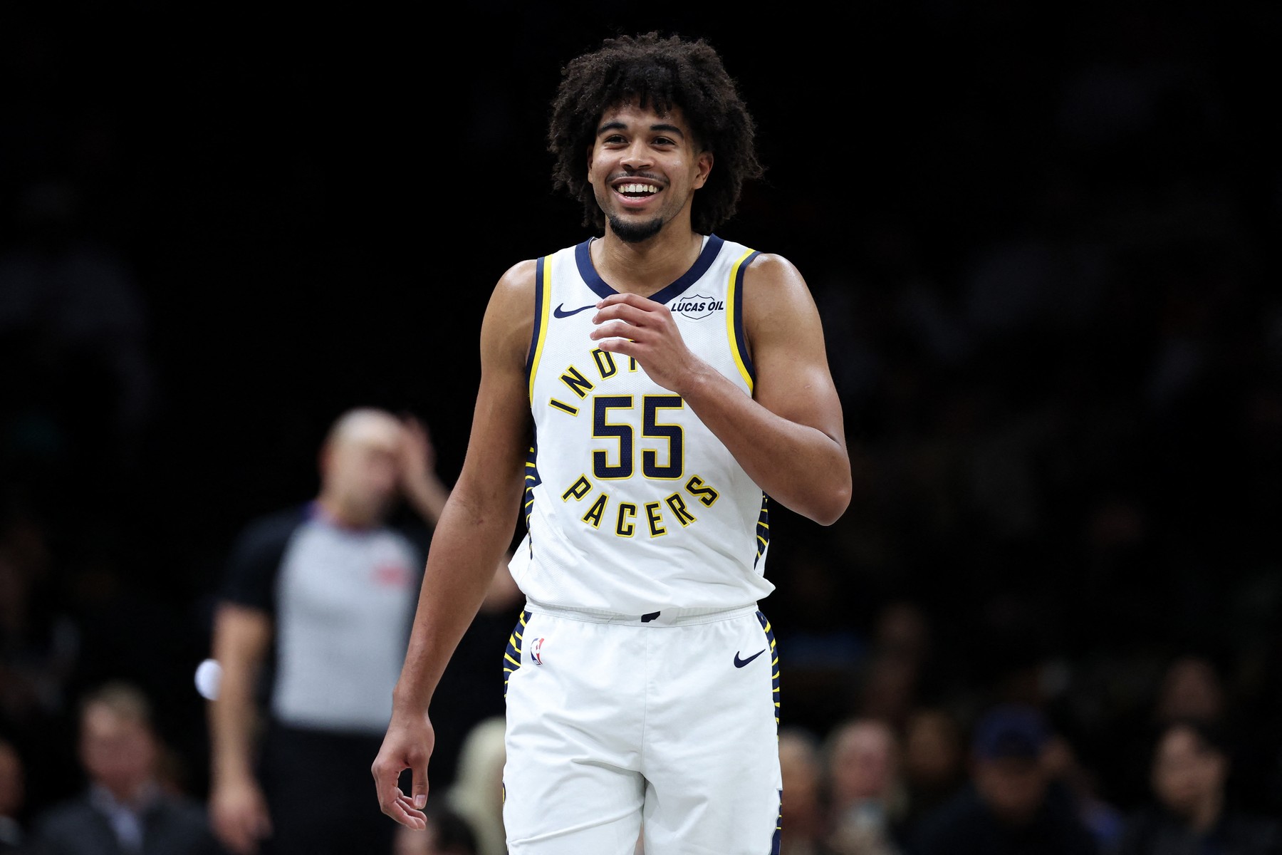 NEW YORK, NEW YORK - APRIL 09: Ethan Thompson #55 of the Indiana Pacers l