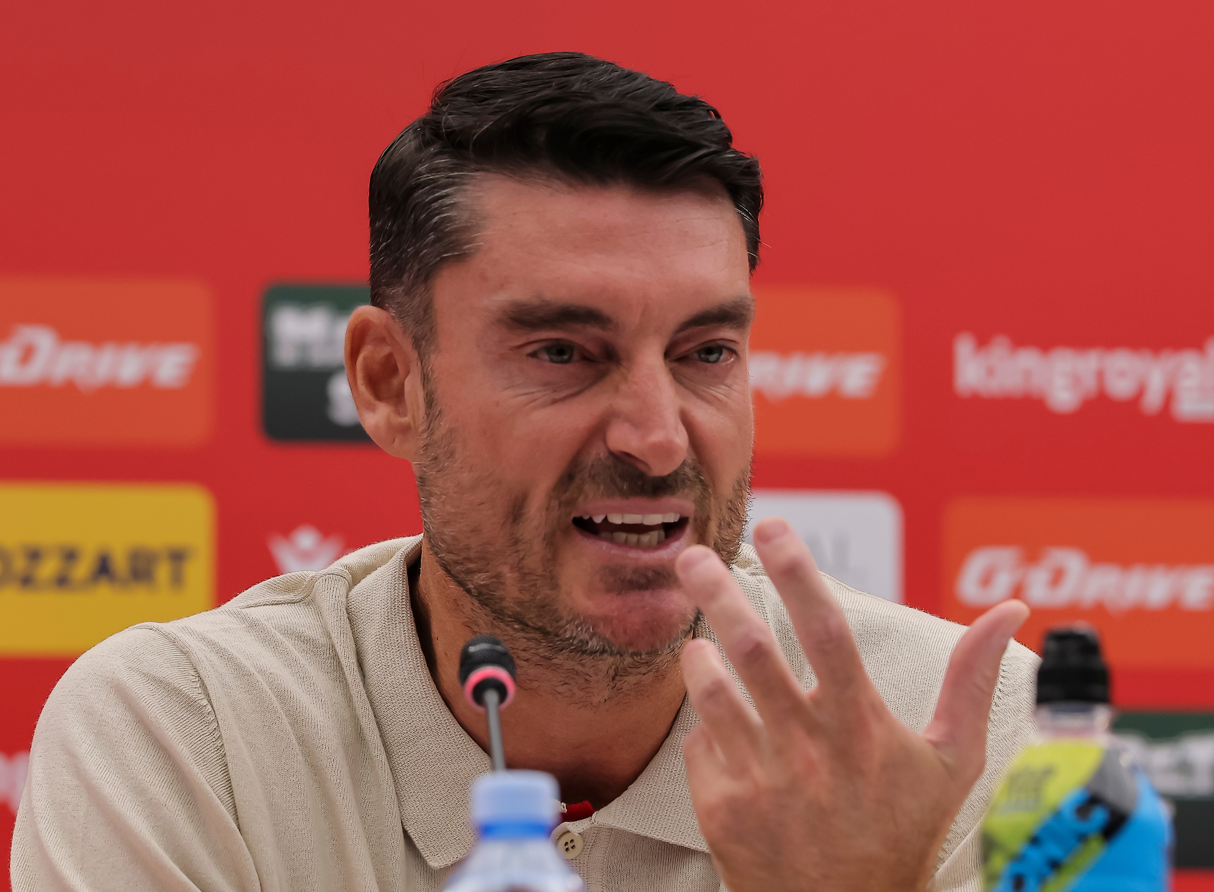 Belgrade, Serbia. 16th August, 2026. Head coach of Crvena Zvezda Albert Riera Ortega during the press conference at the Rajko Mitic Stadium on August 16, 2026 in Belgrade, Serbia. (Photo by Pedja Milosavljevic/Starsport.rs ©)