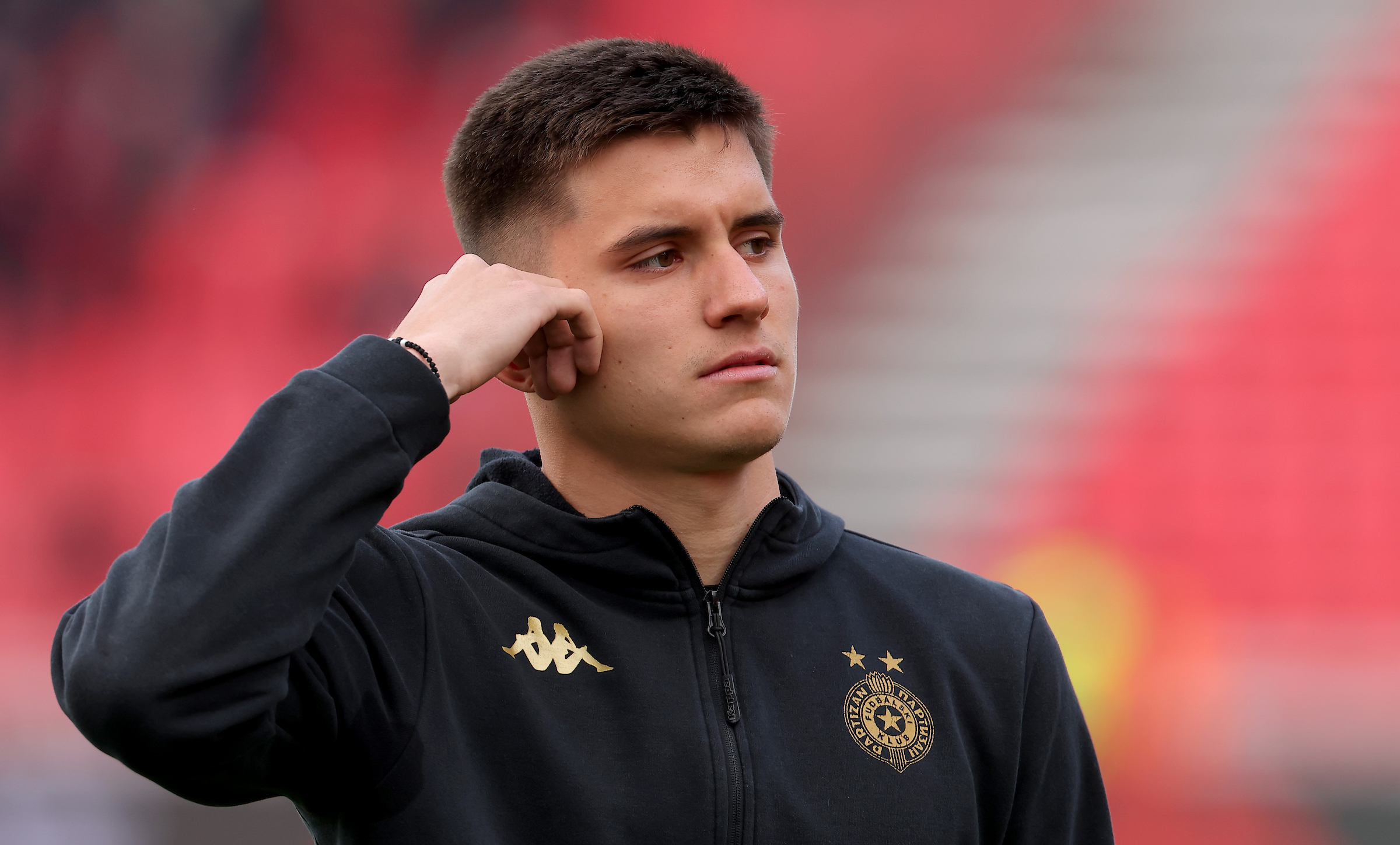 Belgrade, Serbia. Feb. 22nd 2026. Partizan's Vanja Dragojevic prior to the