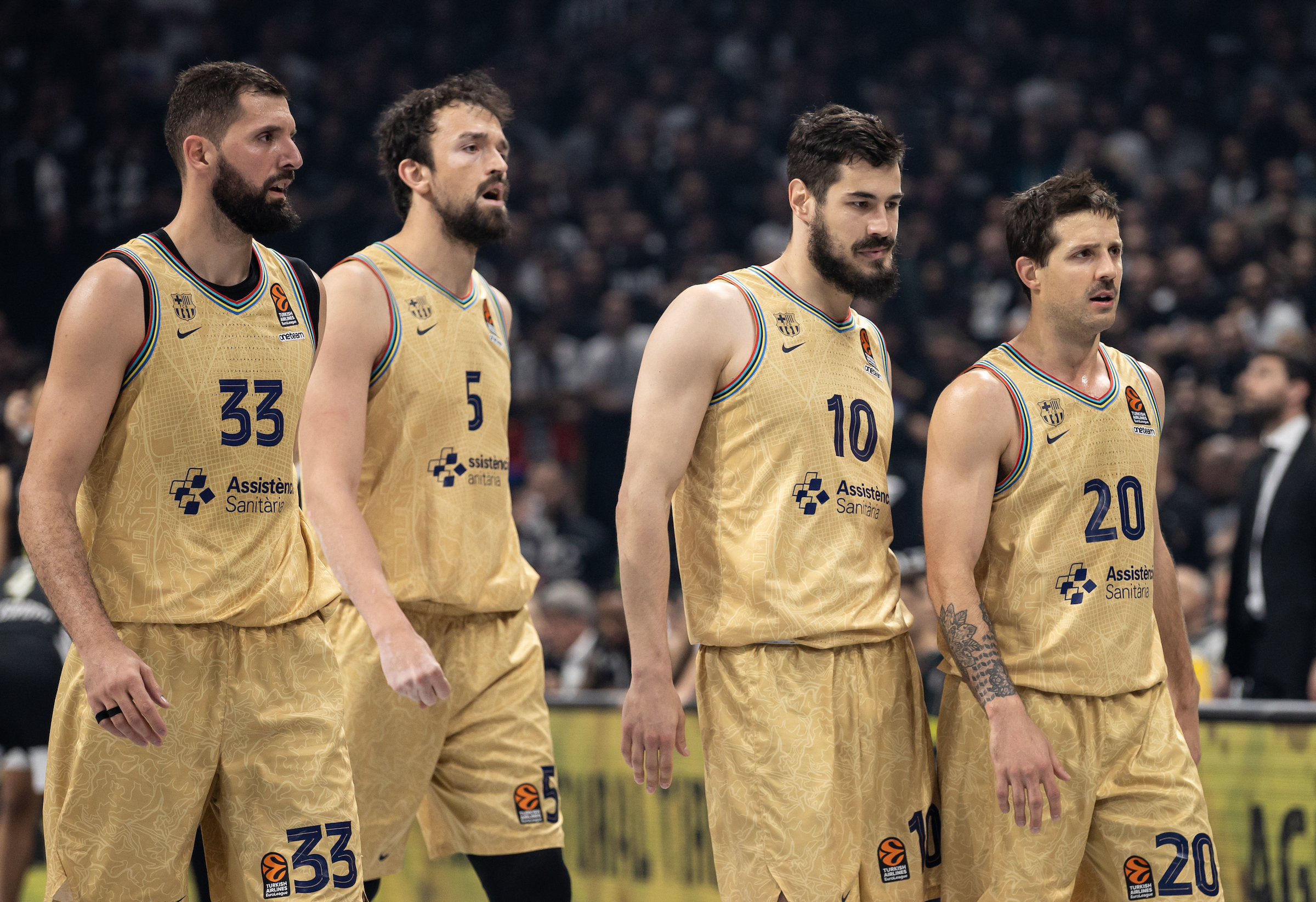Nikola Mirotic, Sertac Sanli, Nikola Kalinic and Nicolas Laprovittola during the 2022/2023 Turkish Airlines EuroLeague Regular Season match between Partizan Mozzart Bet Belgrade and Barcelona on March 28, 2023 in Belgrade