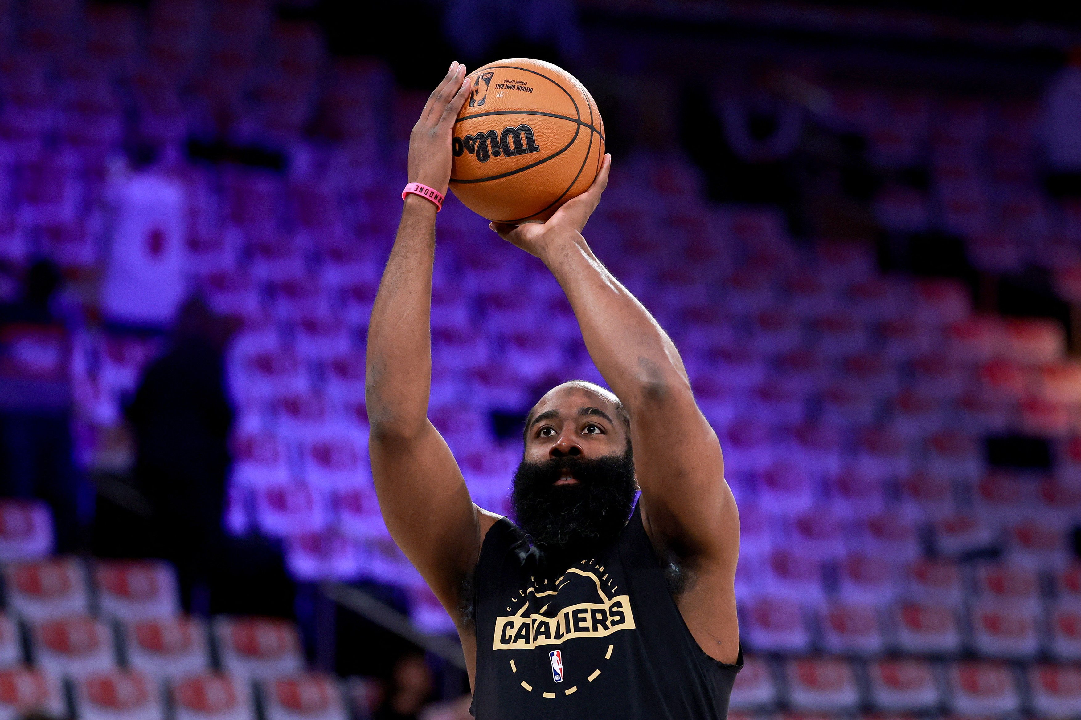 James Harden #1 of the Cleveland Cavaliers warms up