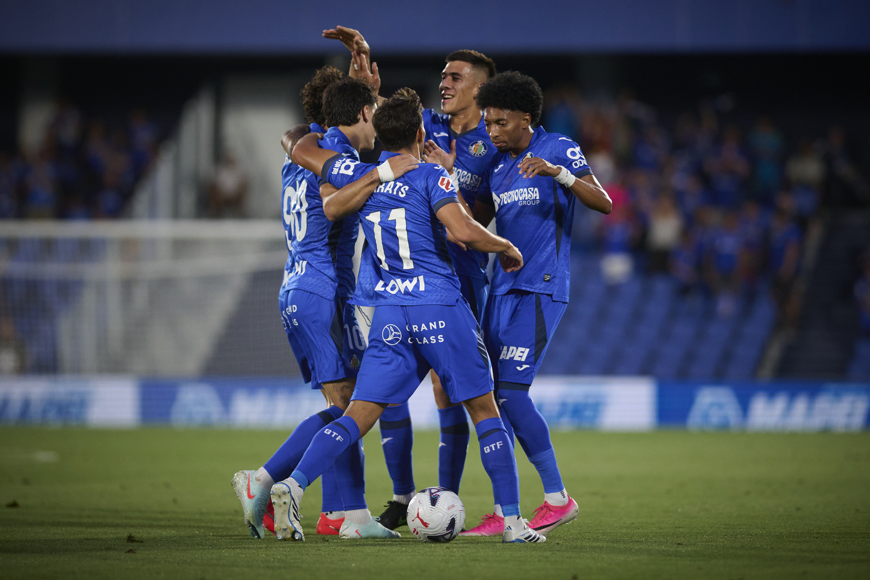 Getafe CF’s players celebrate a goal during Conference League 2026/2027 Play-offs, 1st leg match. August 20,2026.