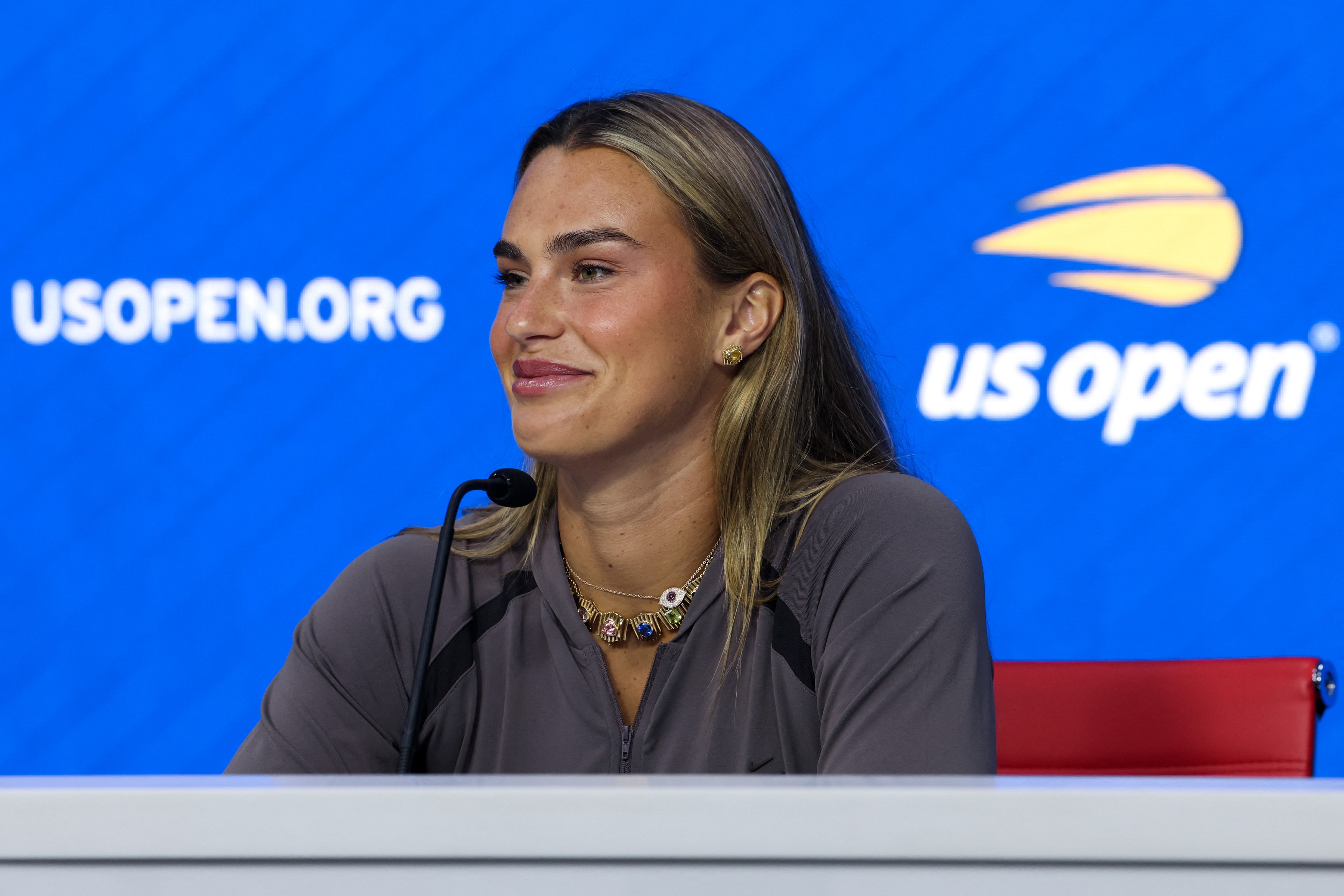 NEW YORK, NEW YORK - AUGUST 28: Aryna Sabalenka speaks during Media Day