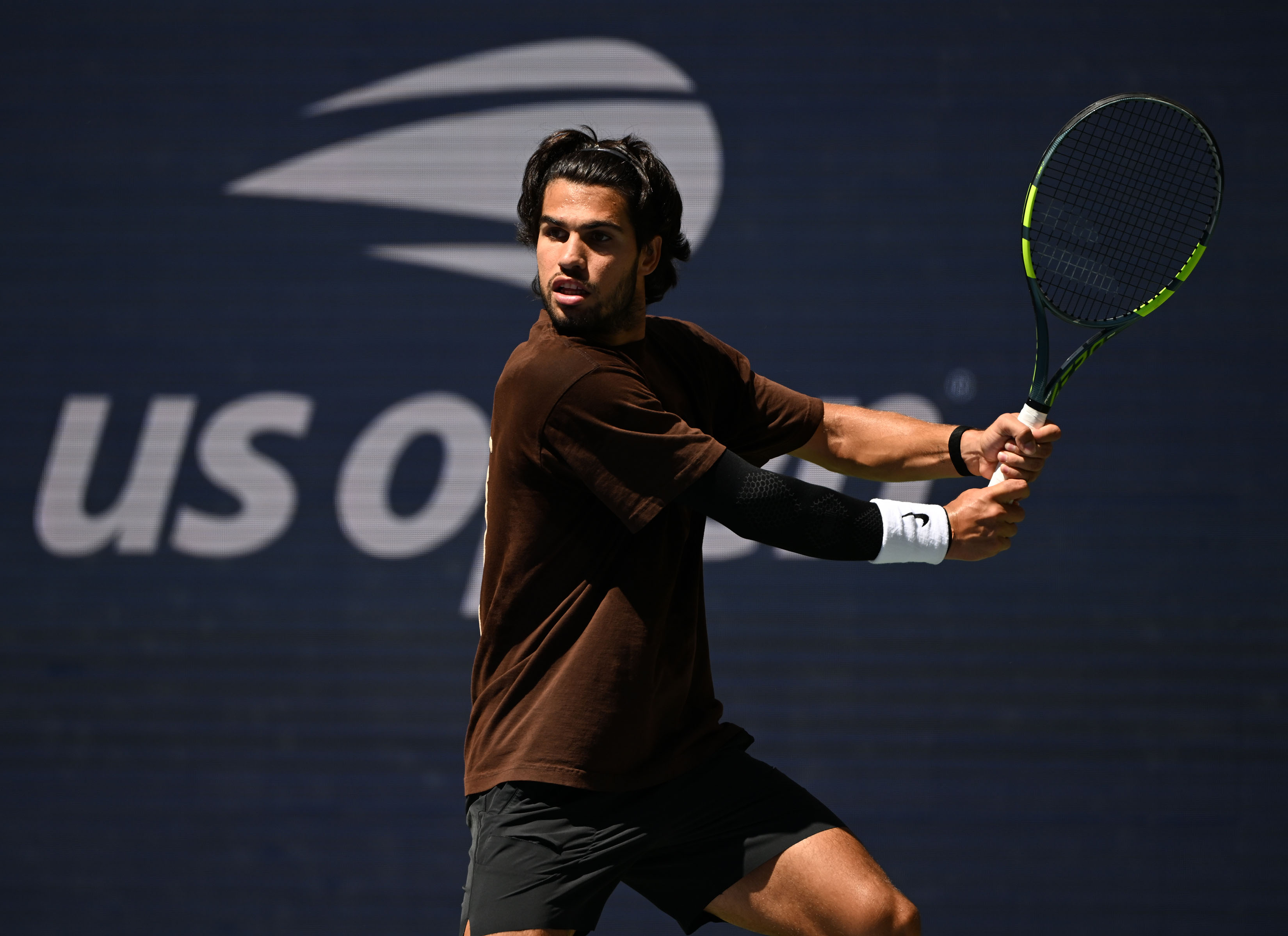 FLUSHING NY- AUGUST 29: Carlos Alcaraz is seen on the practice court