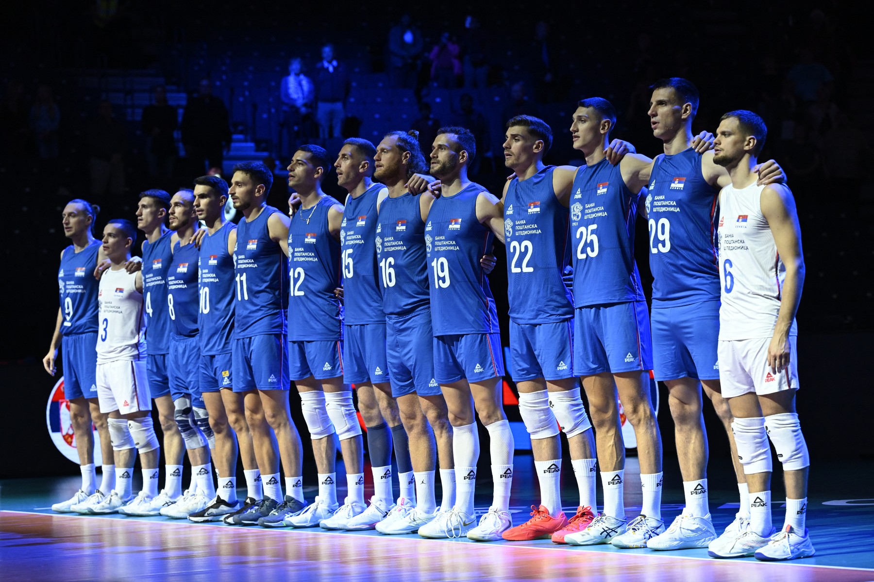 The Team of Serbia stands lined up ahead the men's EuroVolley 2026 Pool