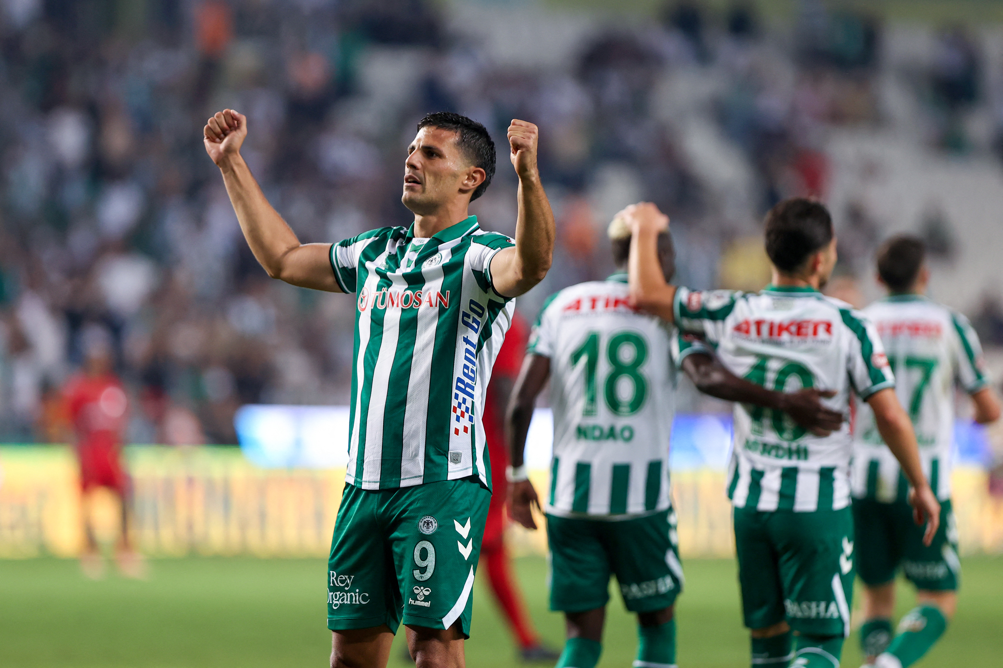 KONYA, TURKIYE - AUGUST 17: Danijel Aleksic (L) of TUMOSAN Konyaspor celebrates