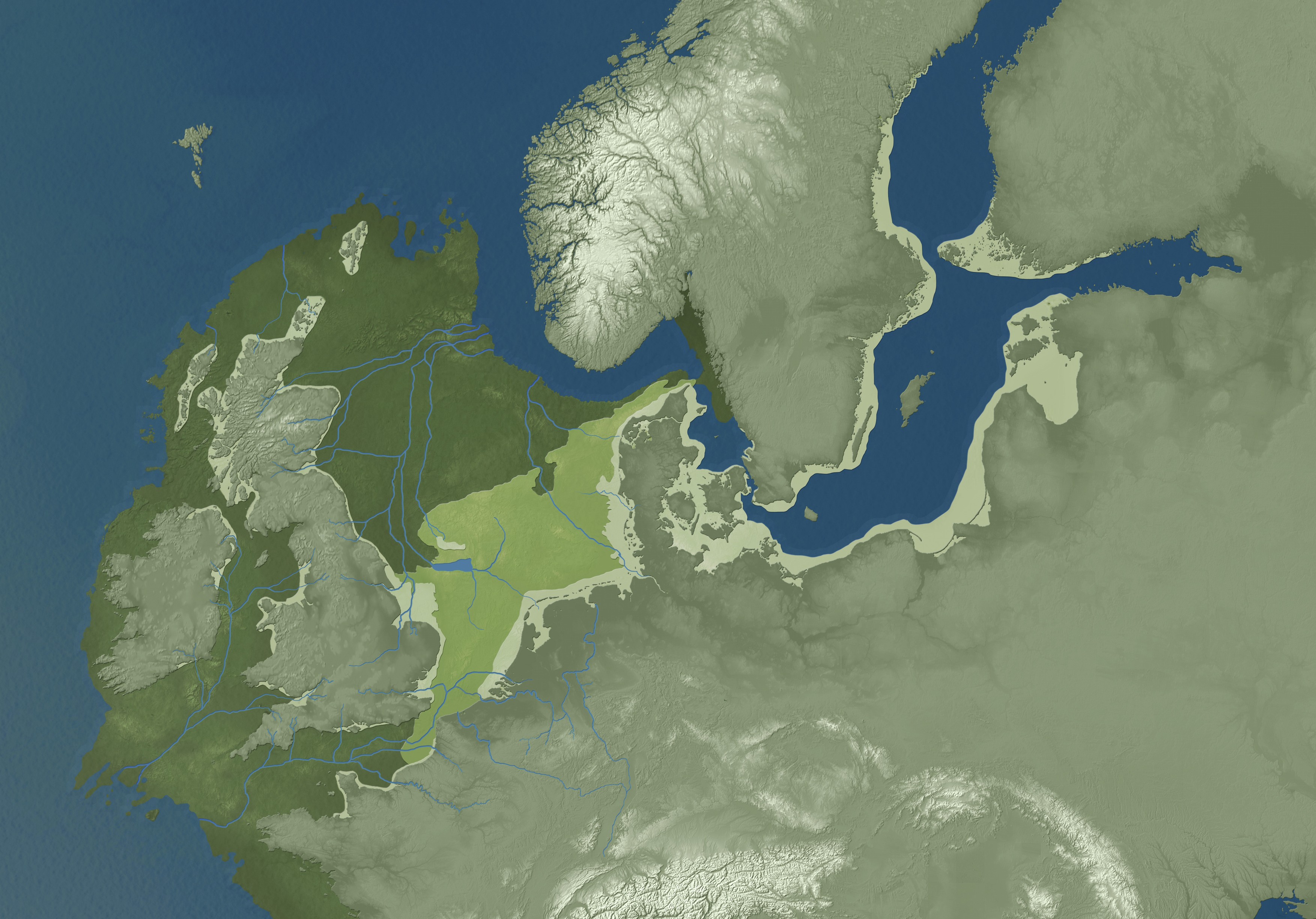 Prehistoric Doggerland region, illustration. Doggerland