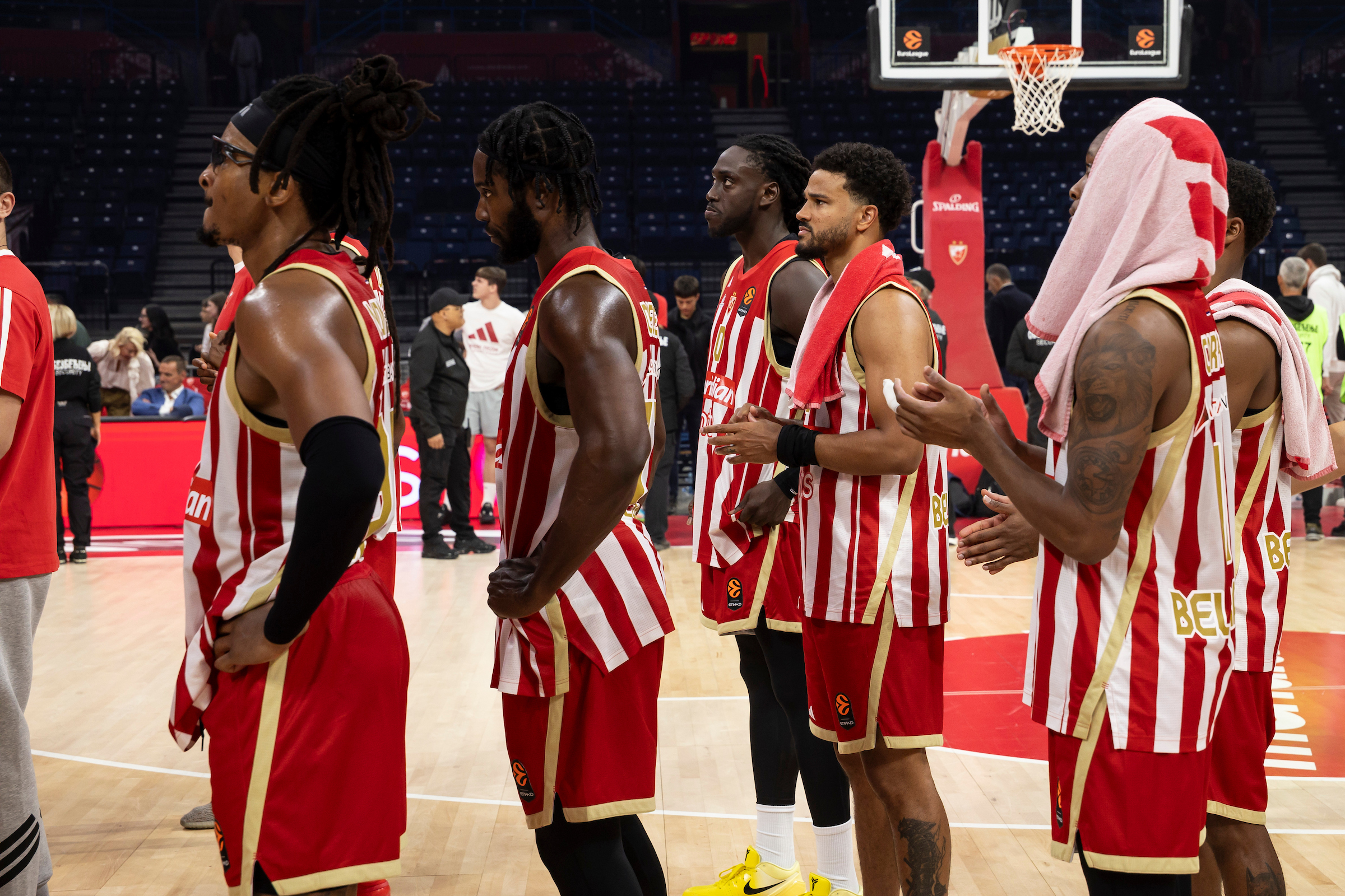 Chima Moneke, #95 of Crvena Zvezda Meridianbet Belgrade, Semi Ojeleye, #37 of Crvena Zvezda Meridianbet Belgrade, Johnathan Motley, #0 of Crvena Zvezda Meridianbet Belgrade, Nick Weiler-Babb, #3 of Crvena Zvezda Meridianbet Belgrade