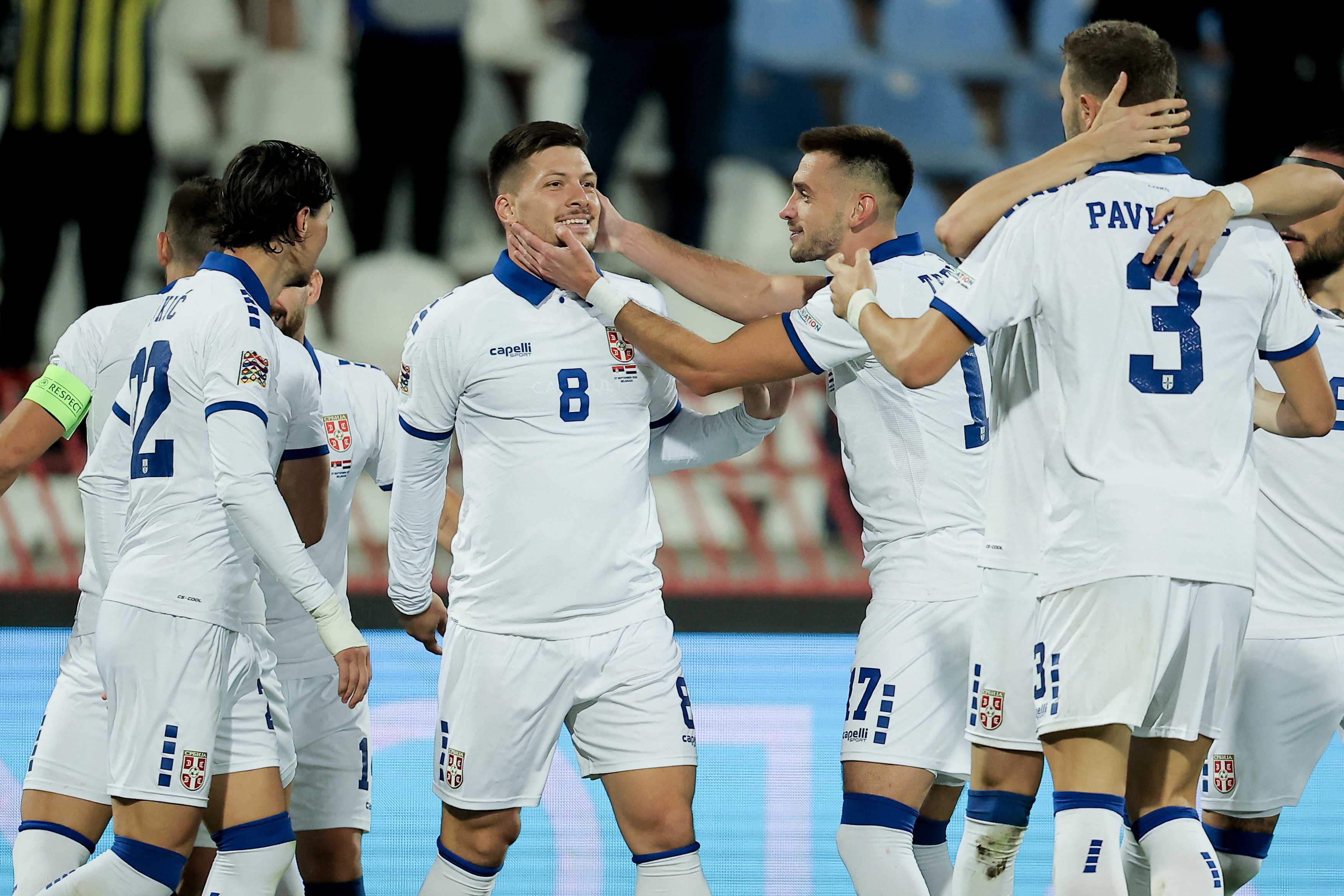 Serbia's forward #08 Luka Jovic (C) celebrates scoring his team's first goal with teammates during the UEFA Nations League Group A2 football match between Serbia and Netherlands at the Rajko Mitic stadium in Belgrade