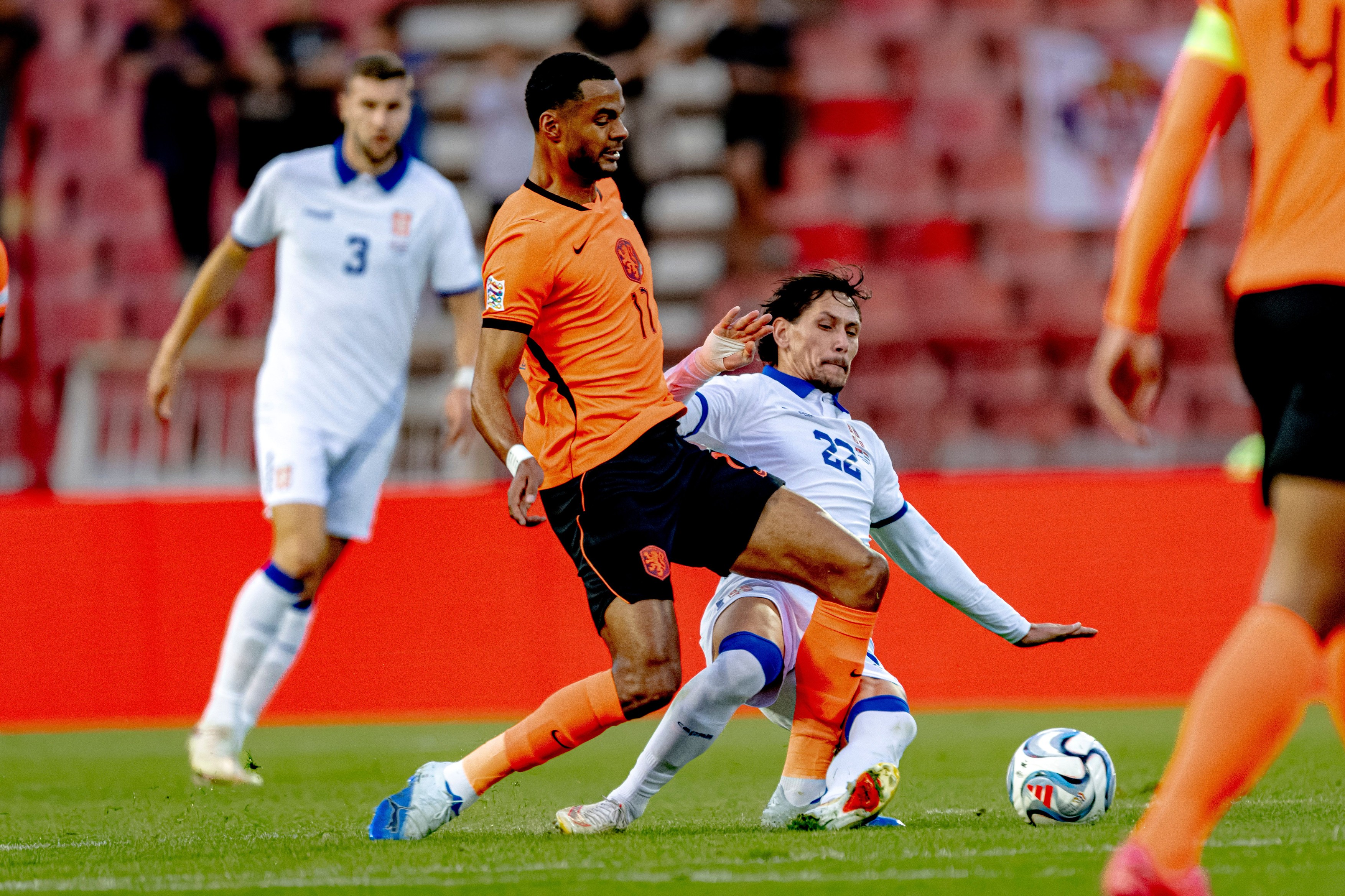 Cody Gakpo of the Netherlands and Sasa Lukic of Serbia