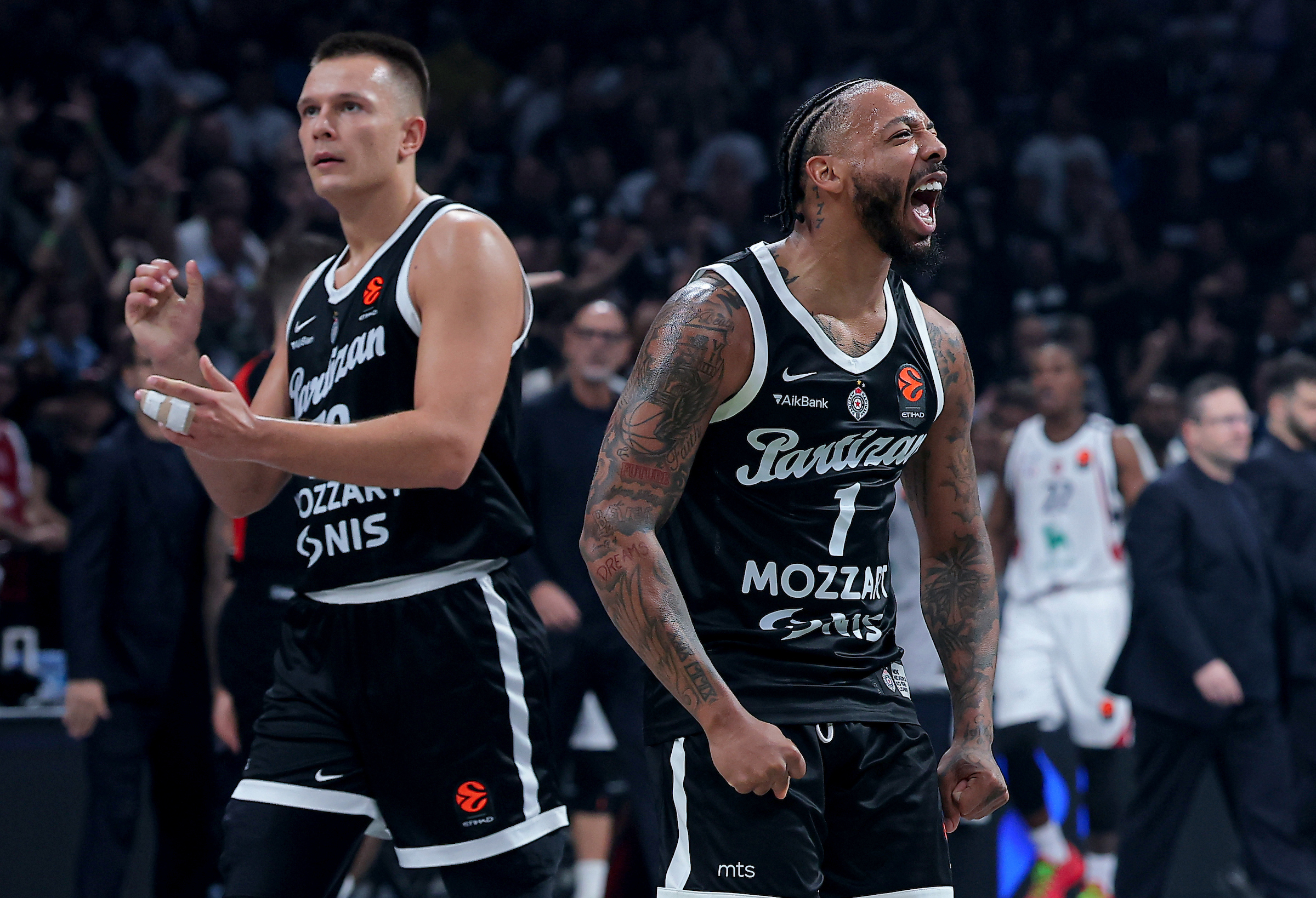 Belgrade, Serbia. 25th Sept, 2026. Partizan's Carlik Jones and Partizan's Arij
