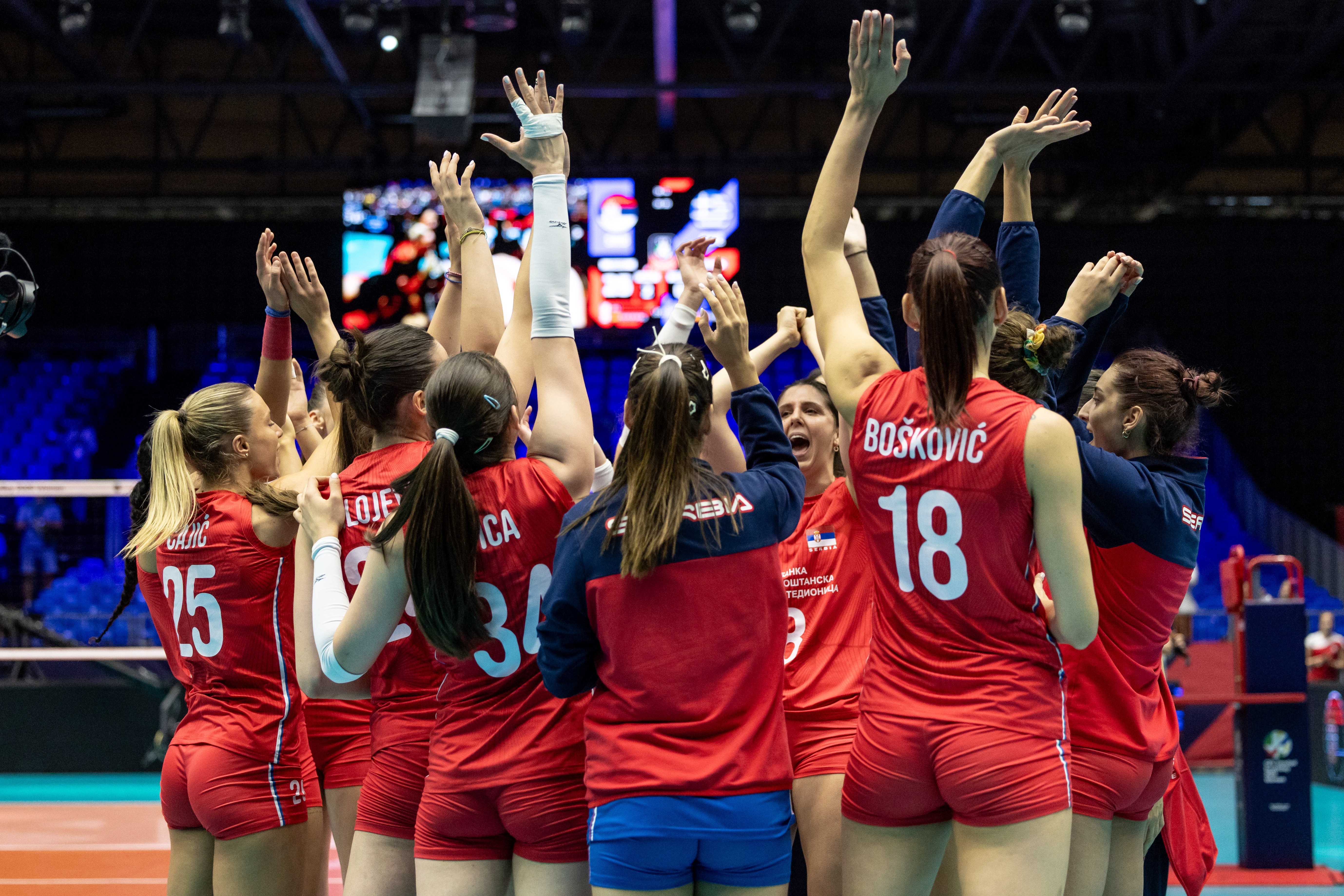 Players of Serbia celebrate after winning the CEV EuroVolley 2026 Women quaterfinal match between Serbia and Greece in Brno, Czechia
