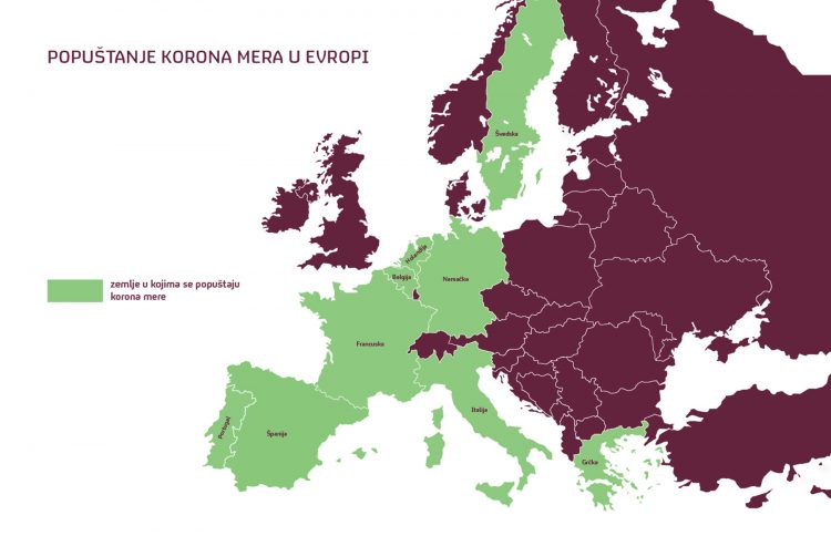 Popustanje mera u Evropi mapa