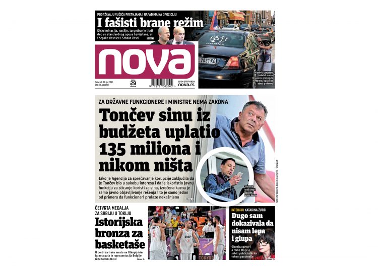 Naslovna strana dnevnih novina Nova za 29. jul 2021. godine