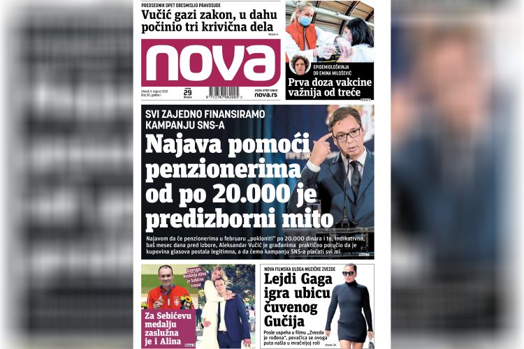 Nova, naslovna za utorak, 03. avgust, broj 30, dnevne novine Nova, dnevni list Nova
