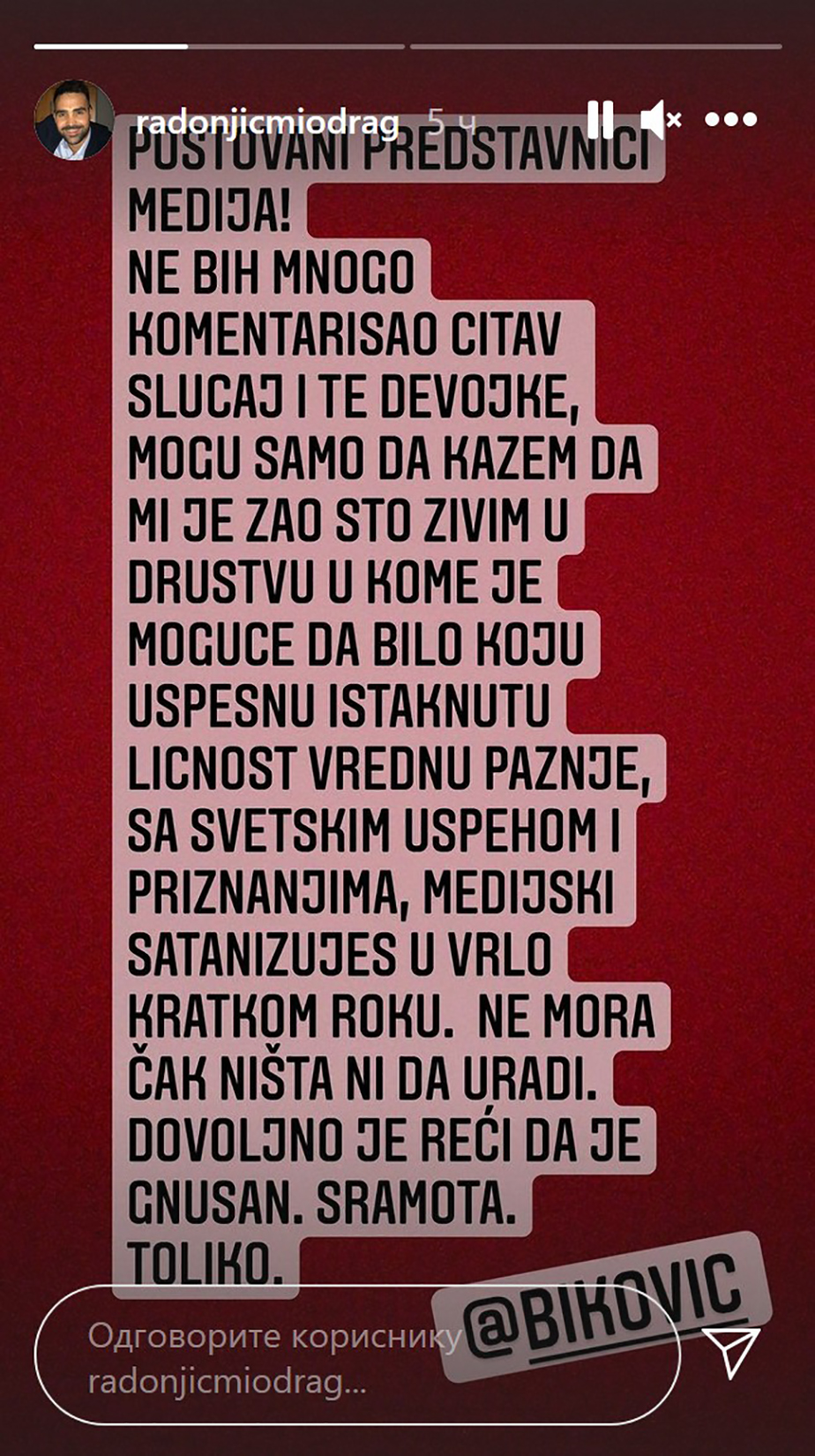 Miodrag Radonjić, instagram stori