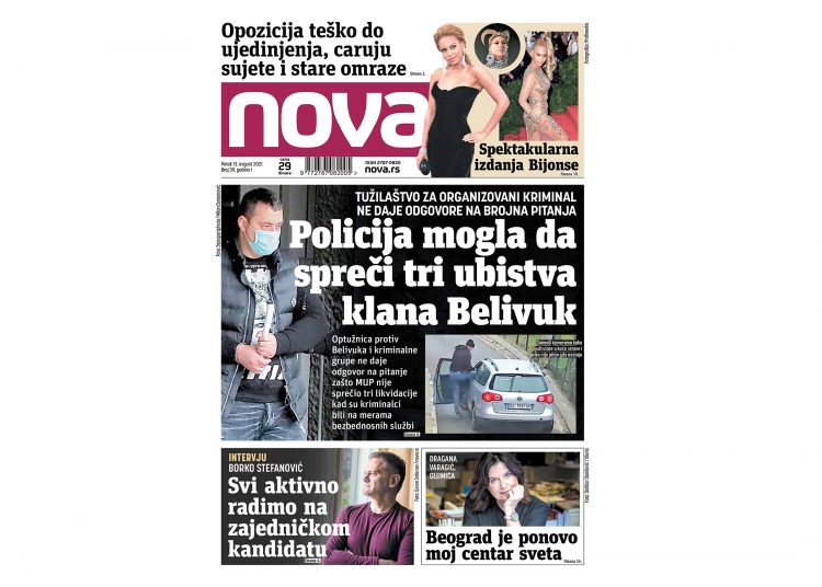 Naslovna strana dnevnih novina Nova za 13. avgust 2021