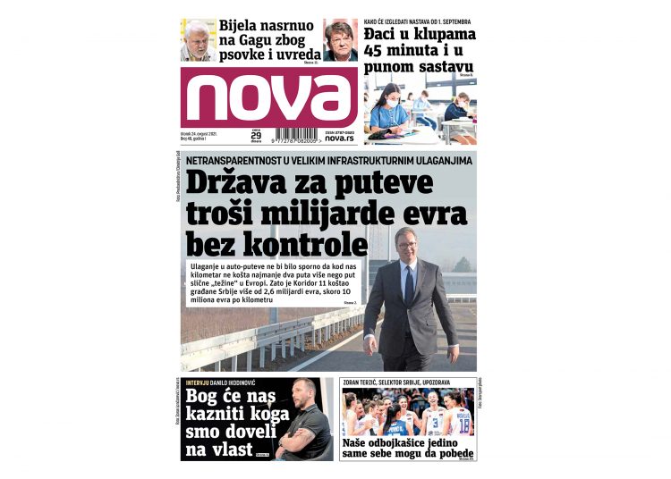 Naslovna strana dnevnih novina Nova za 24. avgust 2021. godine