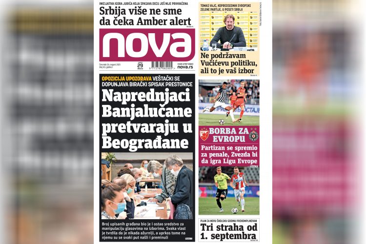 Nova, naslovna za 26. avgust, broj 50, dnevne novine Nova, dnevni list Nova