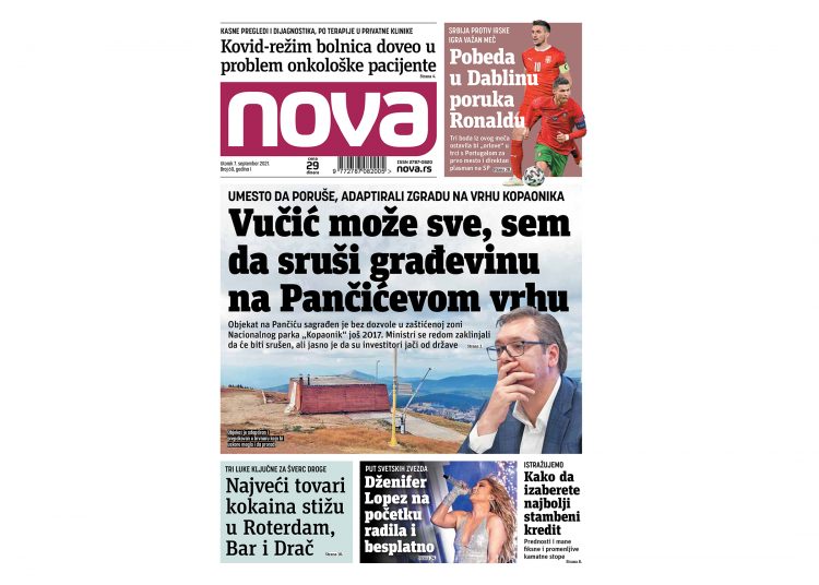 Naslovna strana dvenih novina Nova za 07. septembar 2021. godine