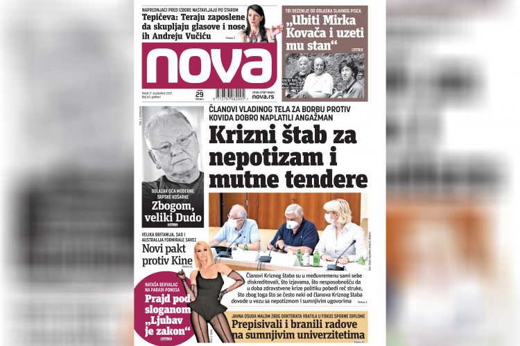Nova, naslovna za petak17. septembar, broj 69, dnevne novine Nova, dnevni list Nova Nova.rs