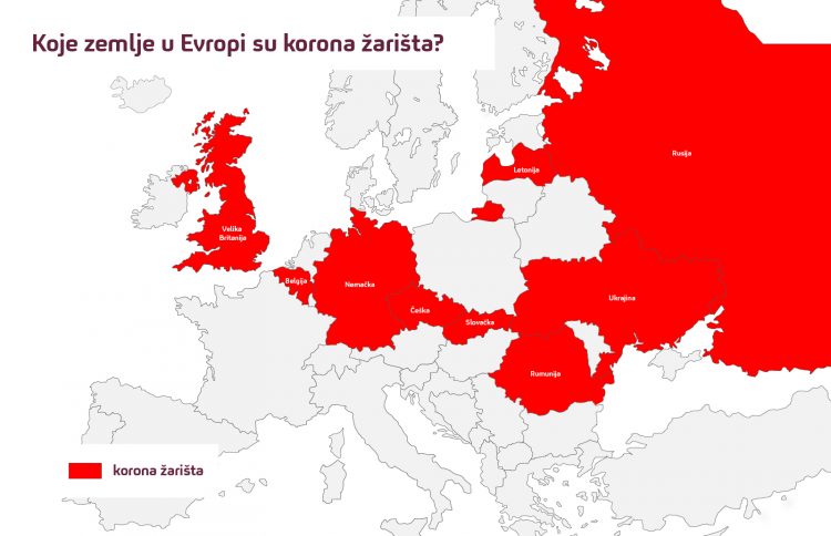 Korona u Evropi, Evropa, mapa, grafika, korona žarišta