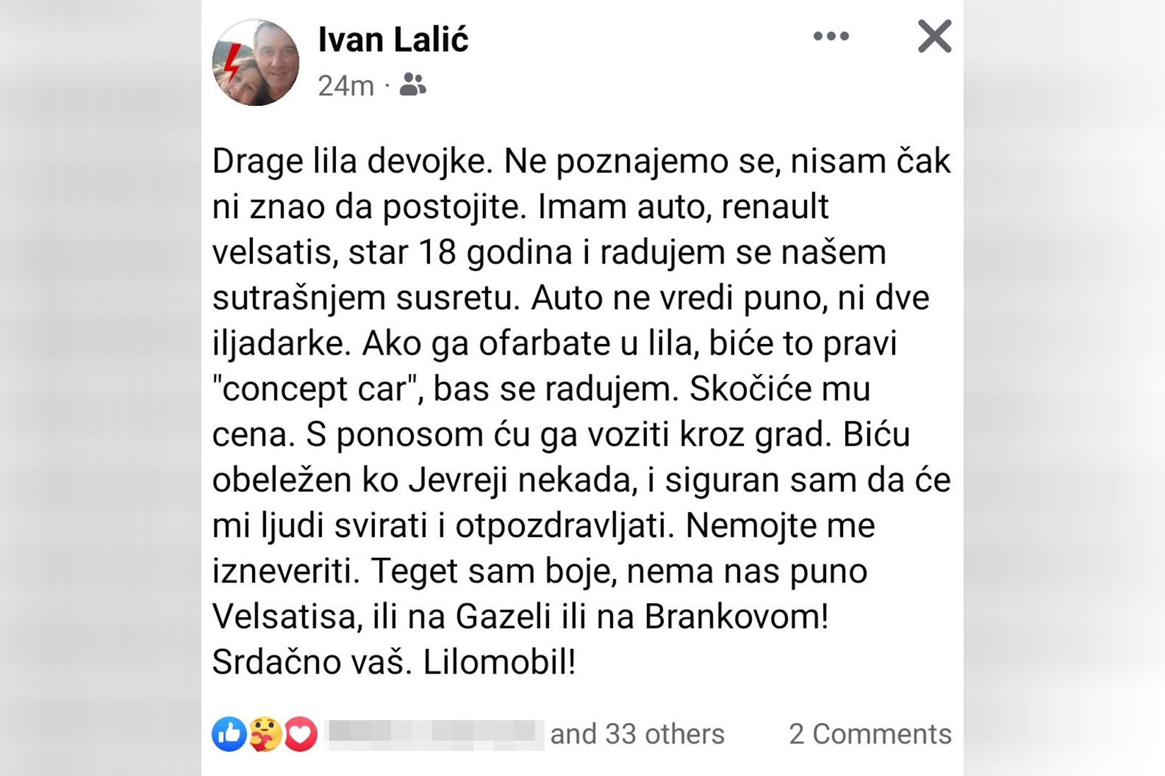 Ivan Lalić, Facebook post, komentar