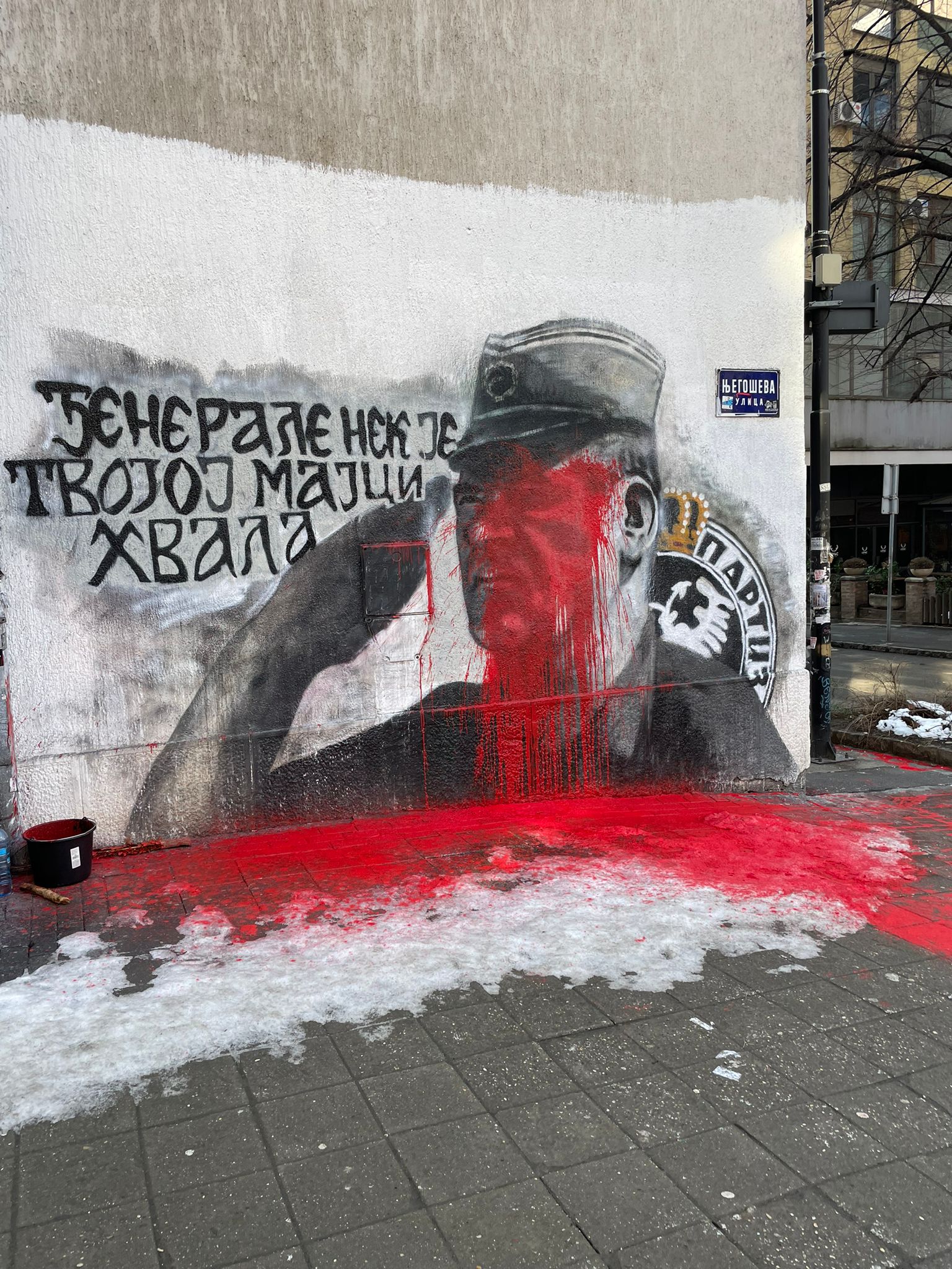Ratko Mladić, mural, farba, crvena farba