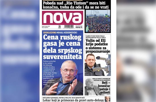 Naslovna strana dnevnih novina Nova za petak 21. januar 2022. godine