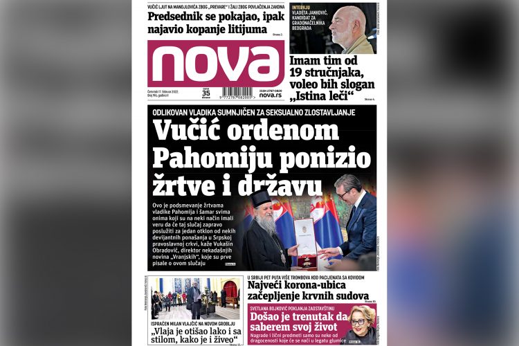 Naslovna strana dnevnih novina Nova za cetvrtak 17. februar 2022. godine