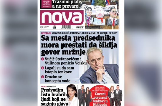 Naslovna strana dnevnih novina Nova za cetvrtak 31. mart 2022. godine