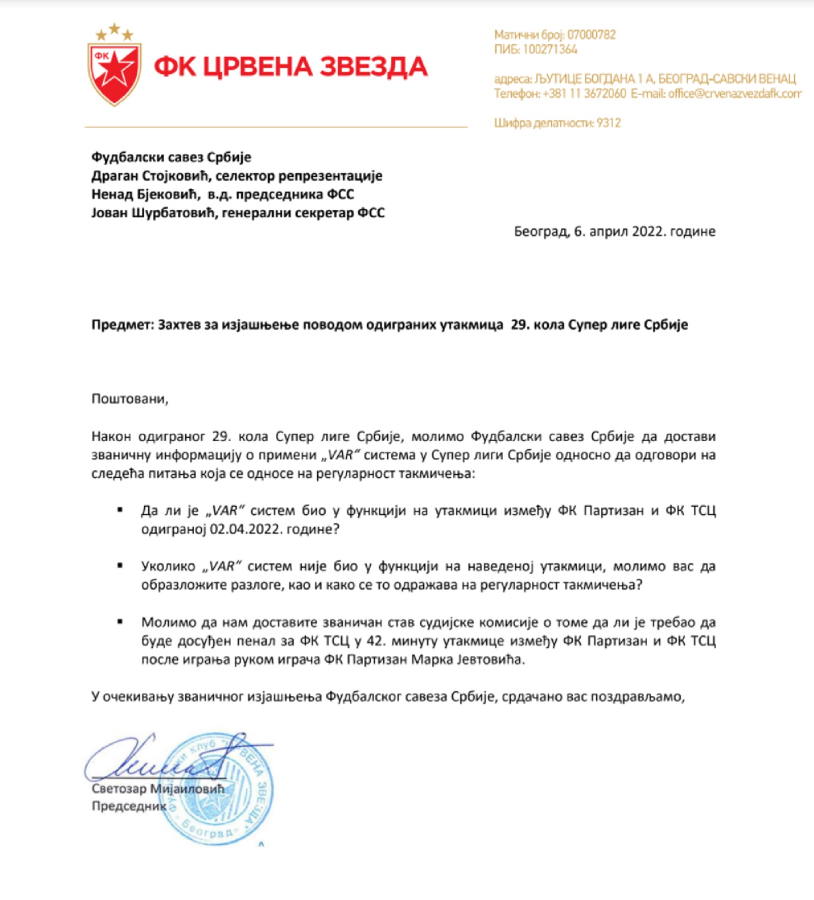 Pismo koje je Zvezda poslala na adresu FSS o VAR sistemu na meču Partizana i TSC-a