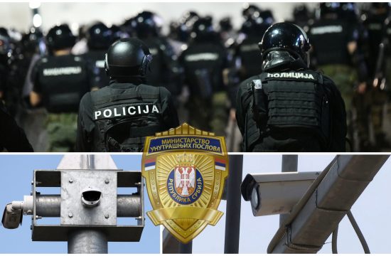 Mup logo, kamere na ulicama i ilustracija s nekom protesta kako policija bije građane