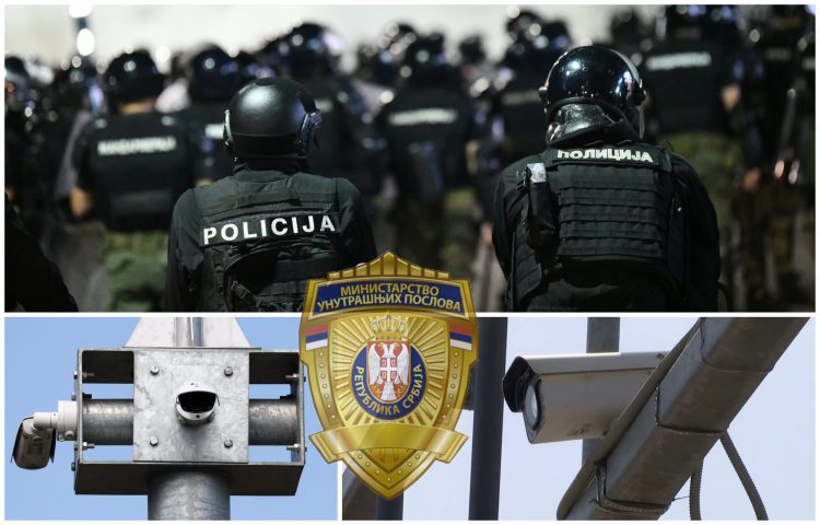 Mup logo, kamere na ulicama i ilustracija s nekom protesta kako policija bije građane