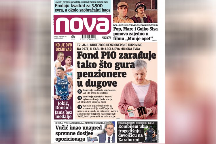 Nova, naslovna za petak 16. septembar 2022. broj 375, dnevne novine Nova, dnevni list Nova Nova.rs
