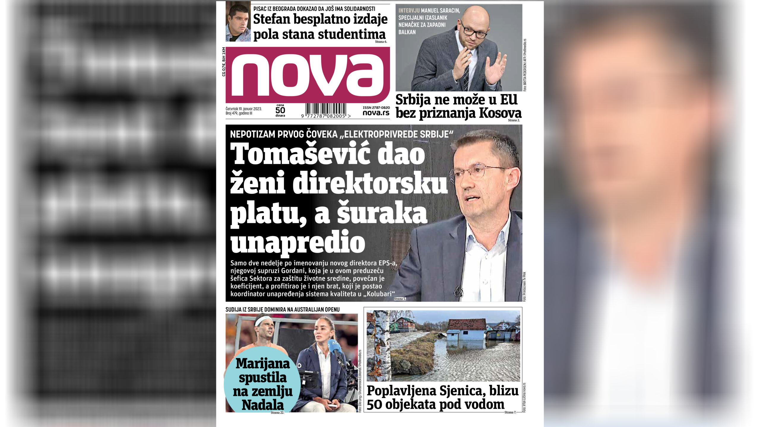 Nova, naslovna za četvrtak 19. januar 2023. broj 479, dnevne novine Nova, dnevni list Nova Nova.rs